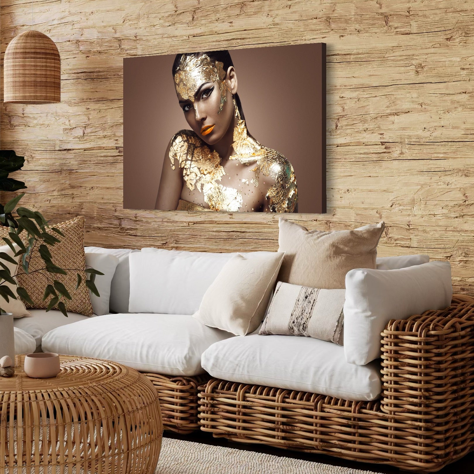 Tablou Canvas Premium LuxCanva® C1088, Beauty Covered In Gold , Gold, Femeie, Privire, Living Room, Bedroom, Relaxare, Culori Vibrante