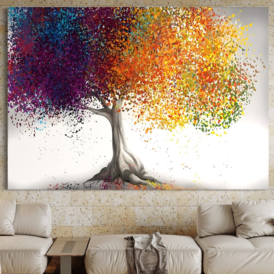 LuxCanva® Tablou Canvas Premium A1217, Copac Colorat, adaugă eleganță unui living modern cu un arbore decorativ multicolor și print premium pe pânză-perfect pentru deasupra canapelei.