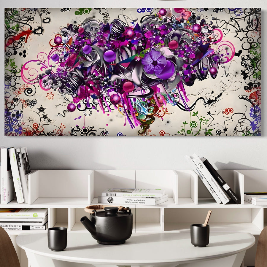 O zonă de luat masa modernă, albă, cu o masă rotundă, ceainic și cești negre și rafturi deschise, având ca punct central colorat pe perete vibrantele flori de artă LuxCanva® Tablou Canvas Premium A1213.