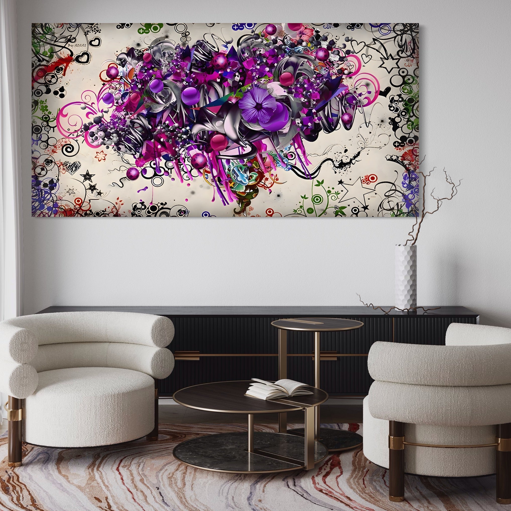 Tablou Canvas Premium LuxCanva® A1213, Art Flowers ,  Decorativ, Living, Colorat, Flori, Inimi, Mov, Dormitor, Culori Vibrante