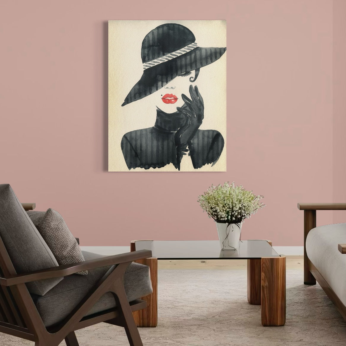 Tablou Canvas Premium LuxCanva® C1092, Stylish Fashionista With Black Hat , Femeie, Fashionista, Red Lips, Living Room, Bedroom, Relaxare, Culori Vibrante