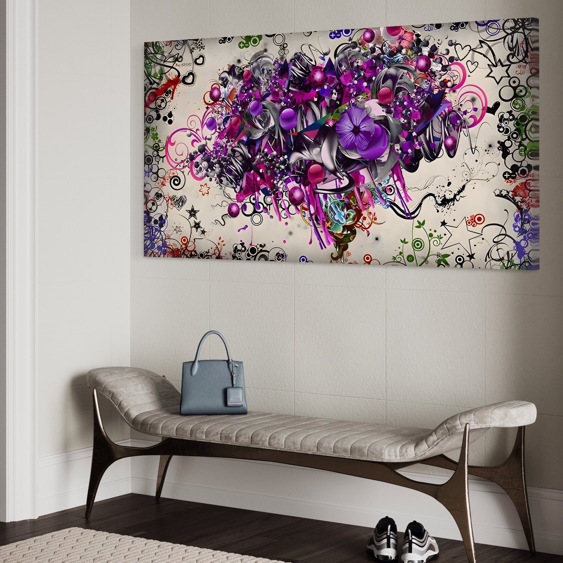 Tablou Canvas Premium LuxCanva® A1213, Art Flowers ,  Decorativ, Living, Colorat, Flori, Inimi, Mov, Dormitor, Culori Vibrante