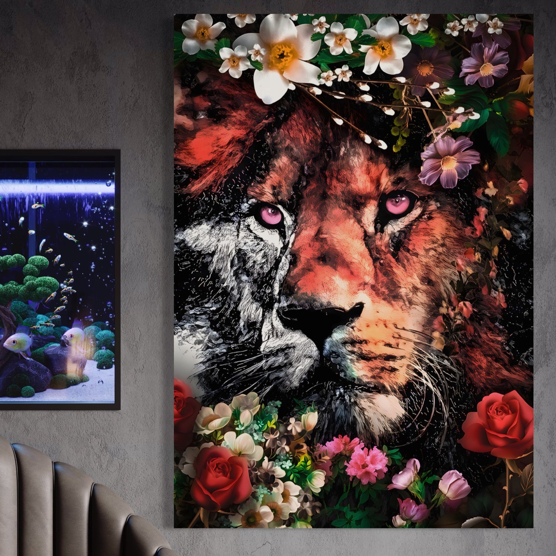 Tablou Canvas Premium LuxCanva® A1211, Lion With Flowers , Leu, Regele Junglei, Flori, Colorat, Safari, Culori Vibrante