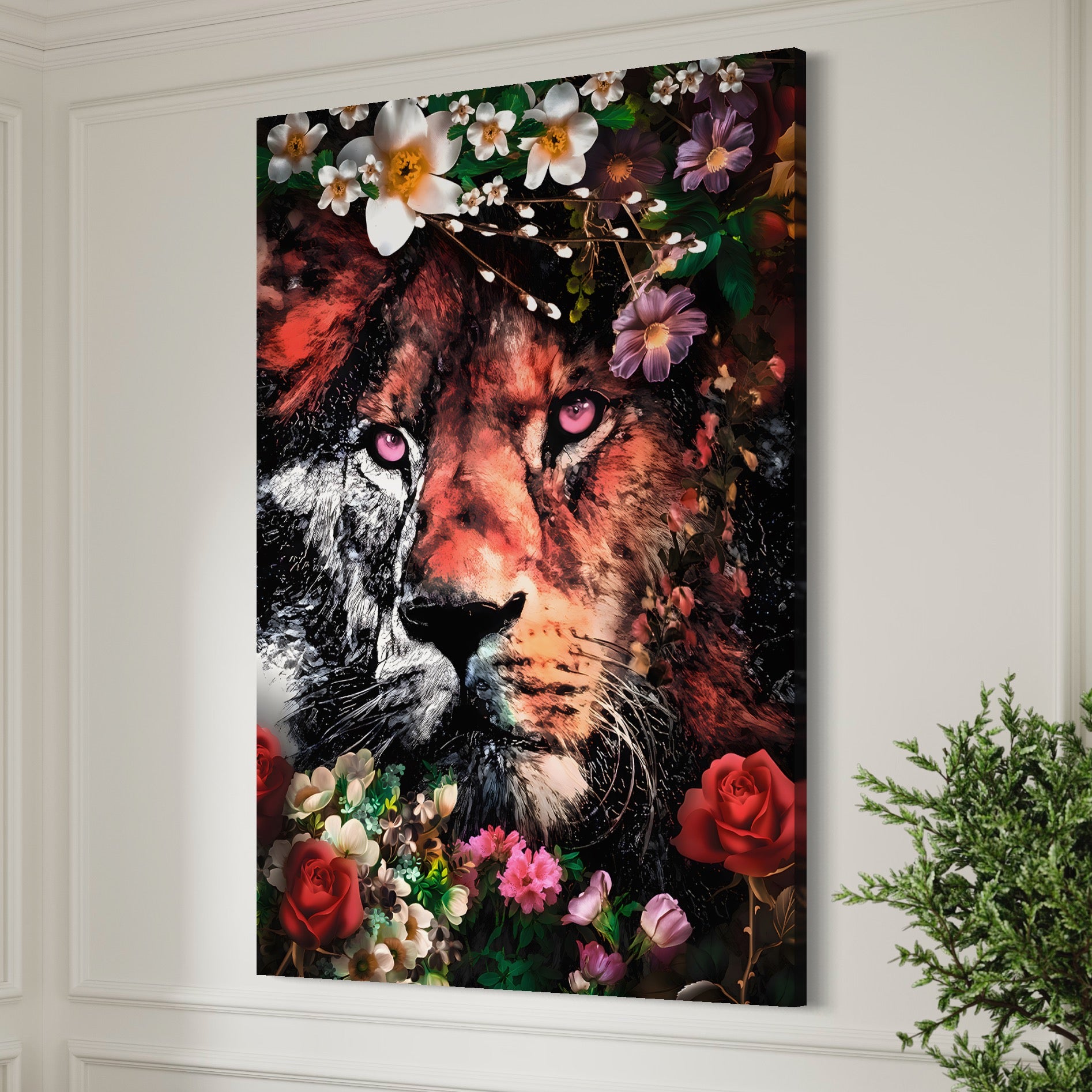 Tablou Canvas Premium LuxCanva® A1211, Lion With Flowers , Leu, Regele Junglei, Flori, Colorat, Safari, Culori Vibrante