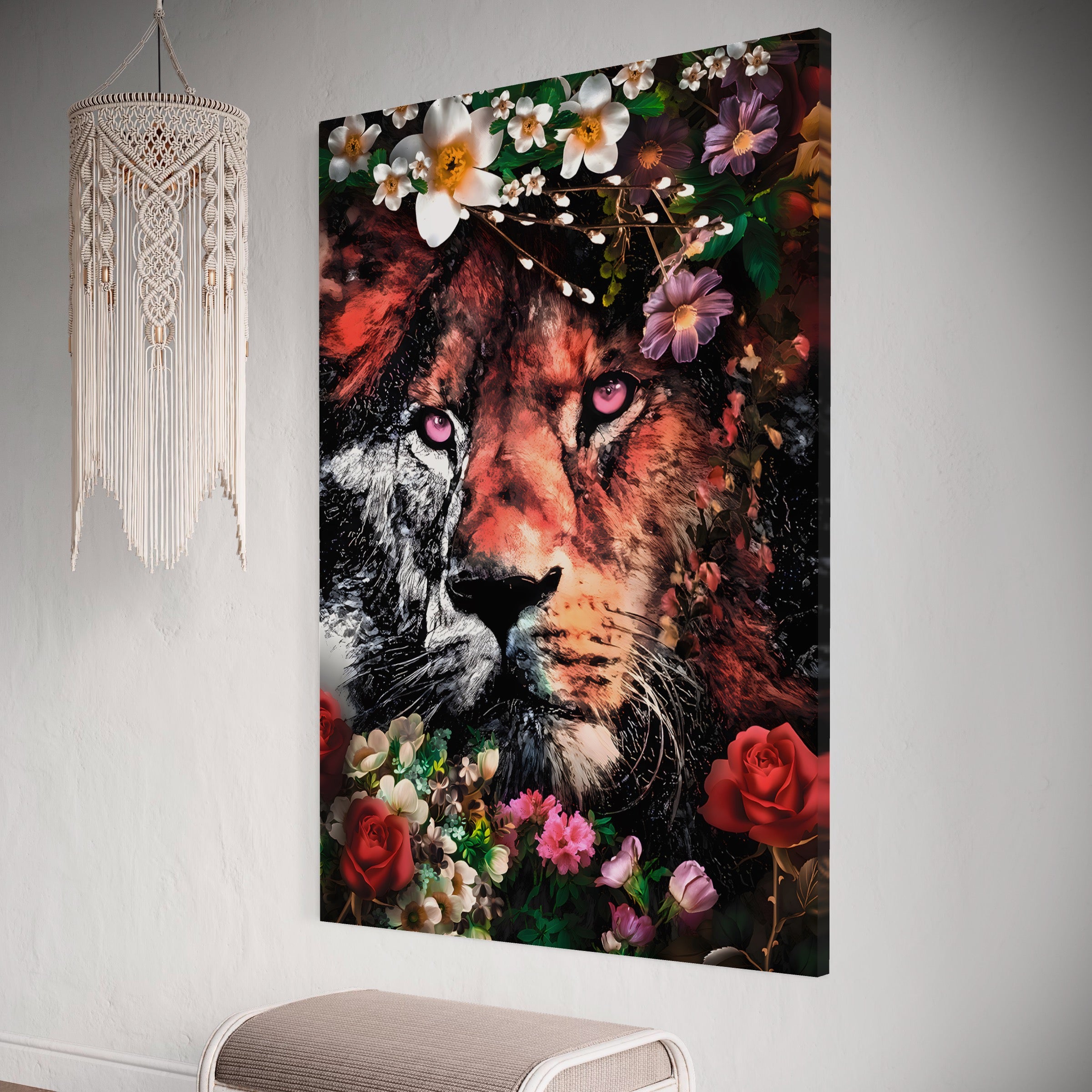 Tablou Canvas Premium LuxCanva® A1211, Lion With Flowers , Leu, Regele Junglei, Flori, Colorat, Safari, Culori Vibrante