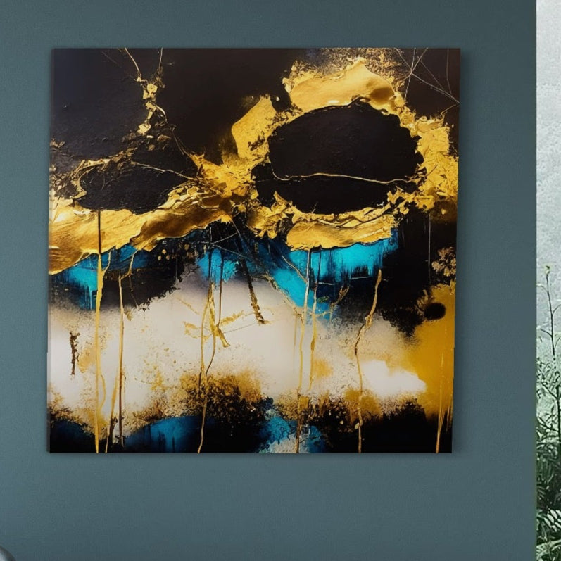 Tablou Canvas Premium LuxCanva® C1097, Abstract Marble: un tablou abstract cu nuanțe de gold, negru și albastru vibrant pe fundal alb, efect de vopsea curgătoare, perfect pentru living sau dormitor. Brand: LuxCanva®.