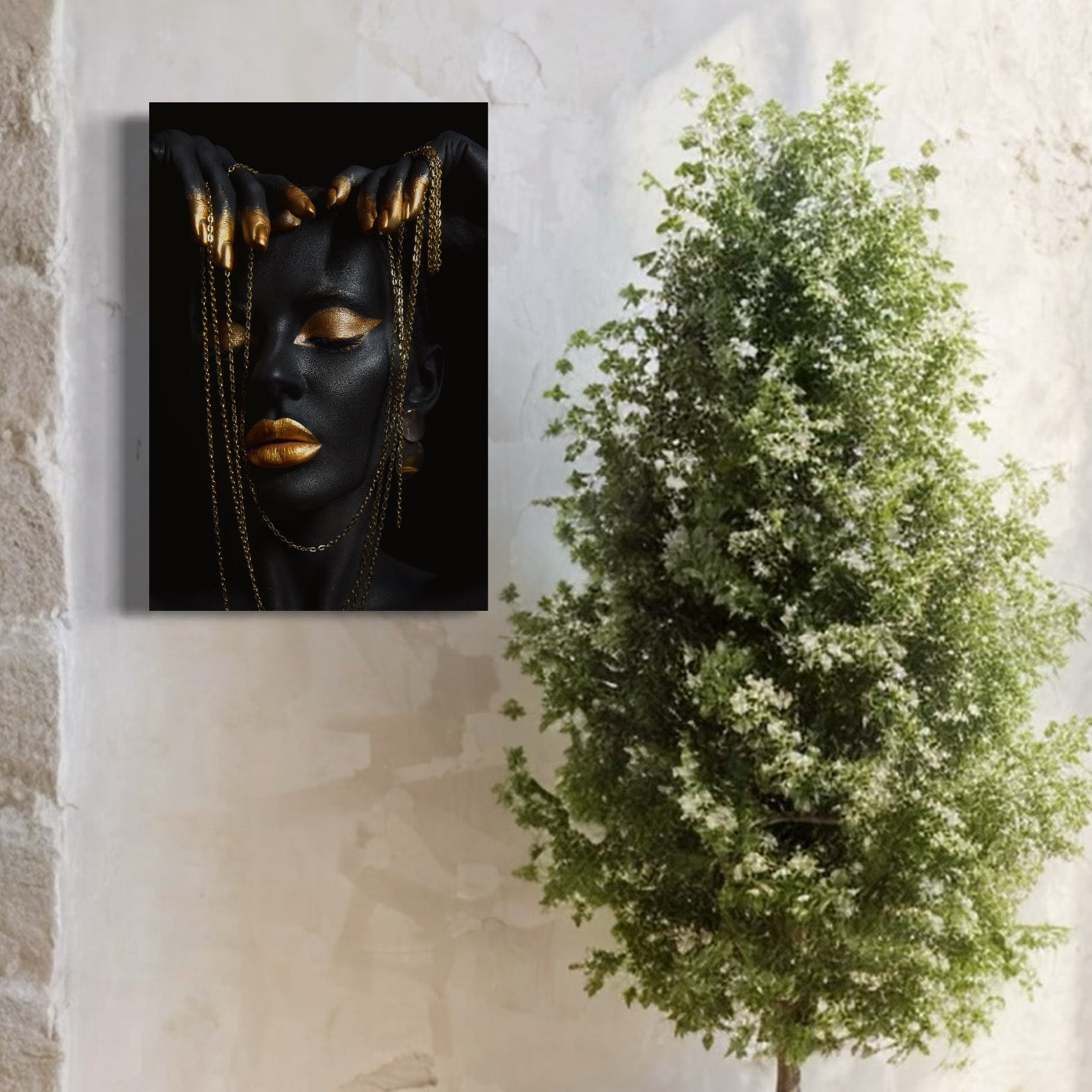 Tablou Canvas Premium LuxCanva® C1100, Girl Covered In Black And Gold Paint , Fata, Frumusete, Auriu, Living Room, Bedroom, Relaxare, Culori Vibrante