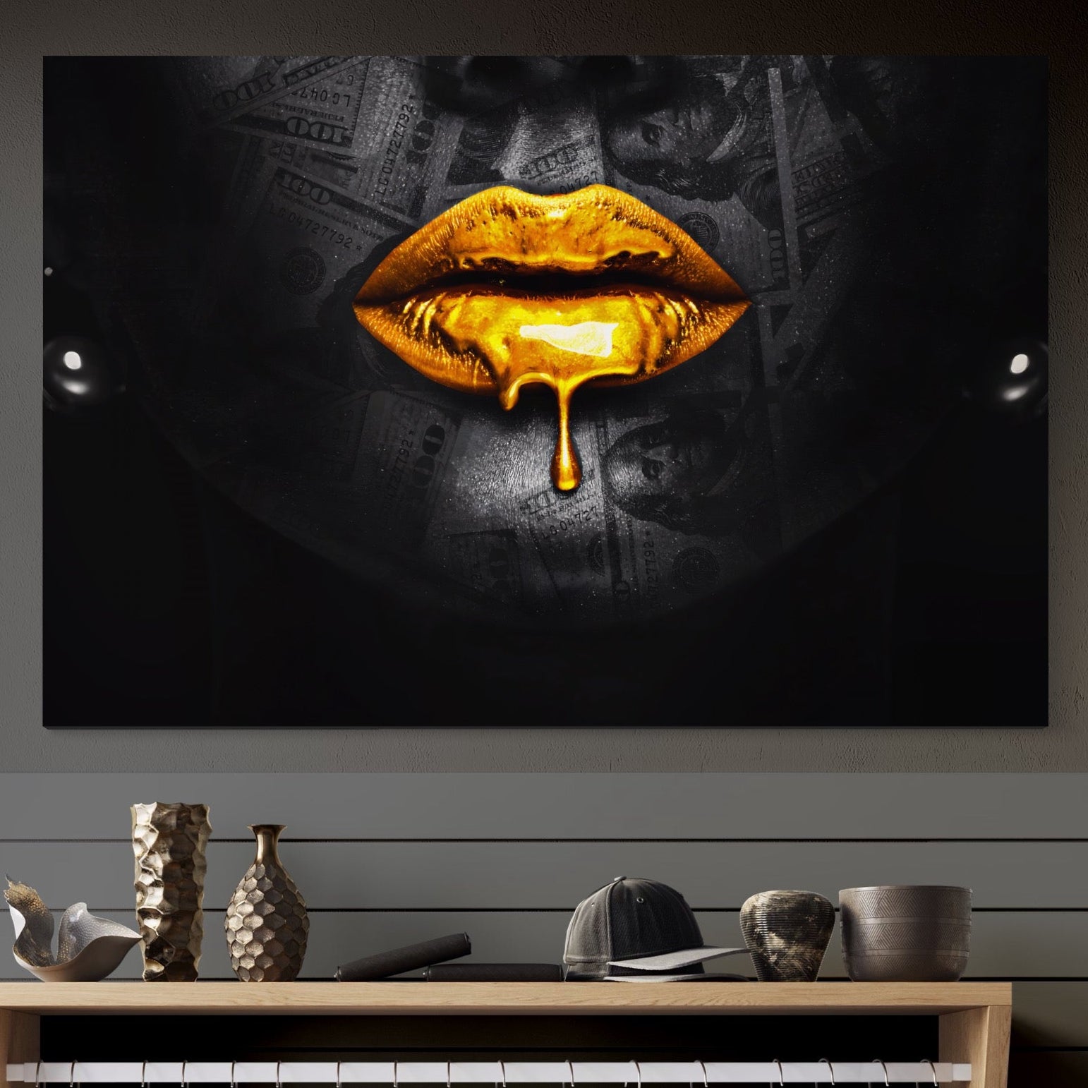 Tablou Canvas Premium LuxCanva® A1205, Gold Lips , Decorativ, Dressing, Buze, Auriu, Dolar, Living, Culori Vibrante