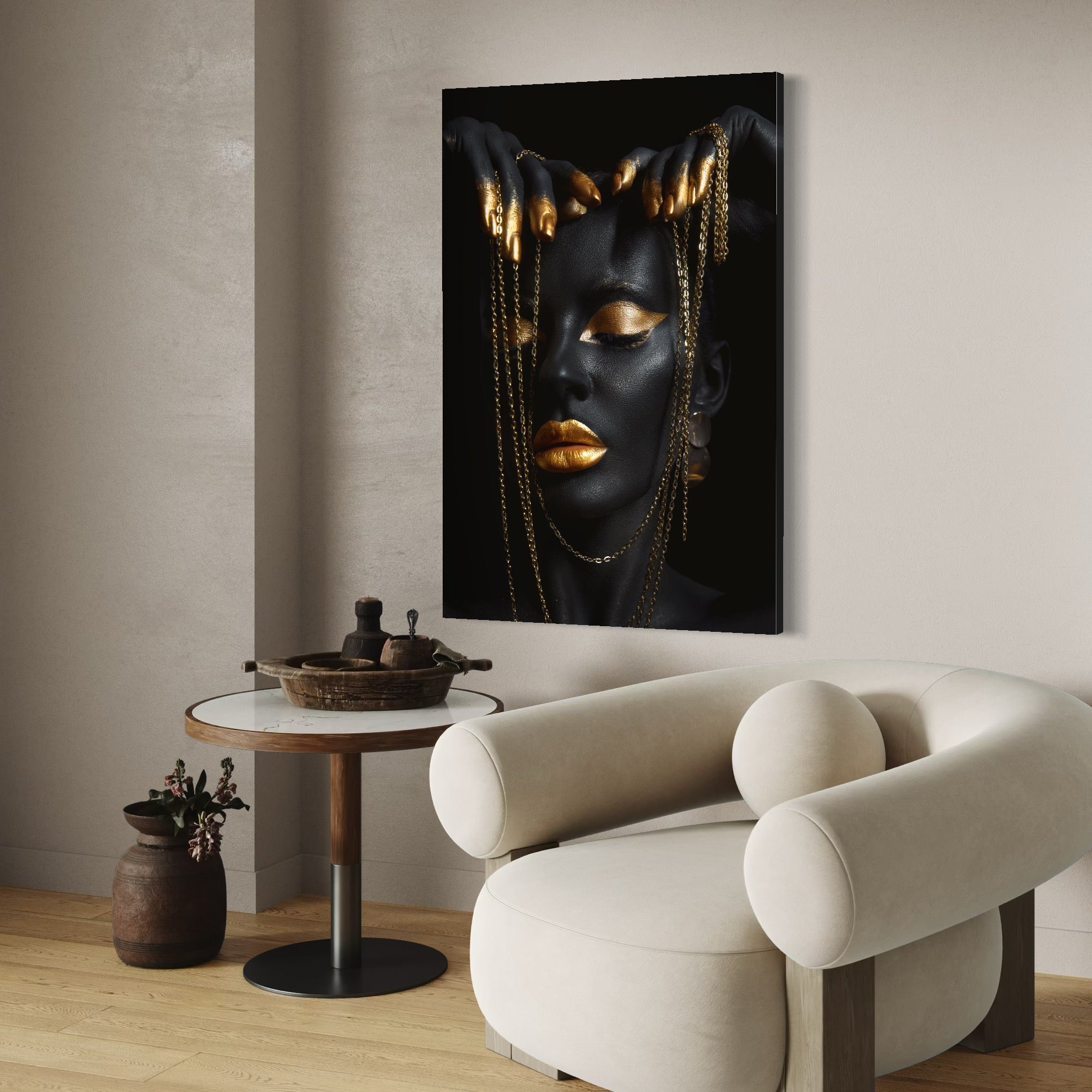 Tablou Canvas Premium LuxCanva® C1100, Girl Covered In Black And Gold Paint , Fata, Frumusete, Auriu, Living Room, Bedroom, Relaxare, Culori Vibrante