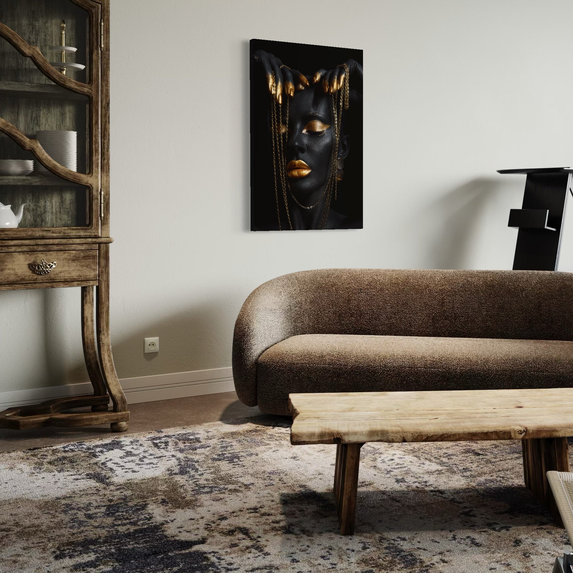 Tablou Canvas Premium LuxCanva® C1100, Girl Covered In Black And Gold Paint , Fata, Frumusete, Auriu, Living Room, Bedroom, Relaxare, Culori Vibrante