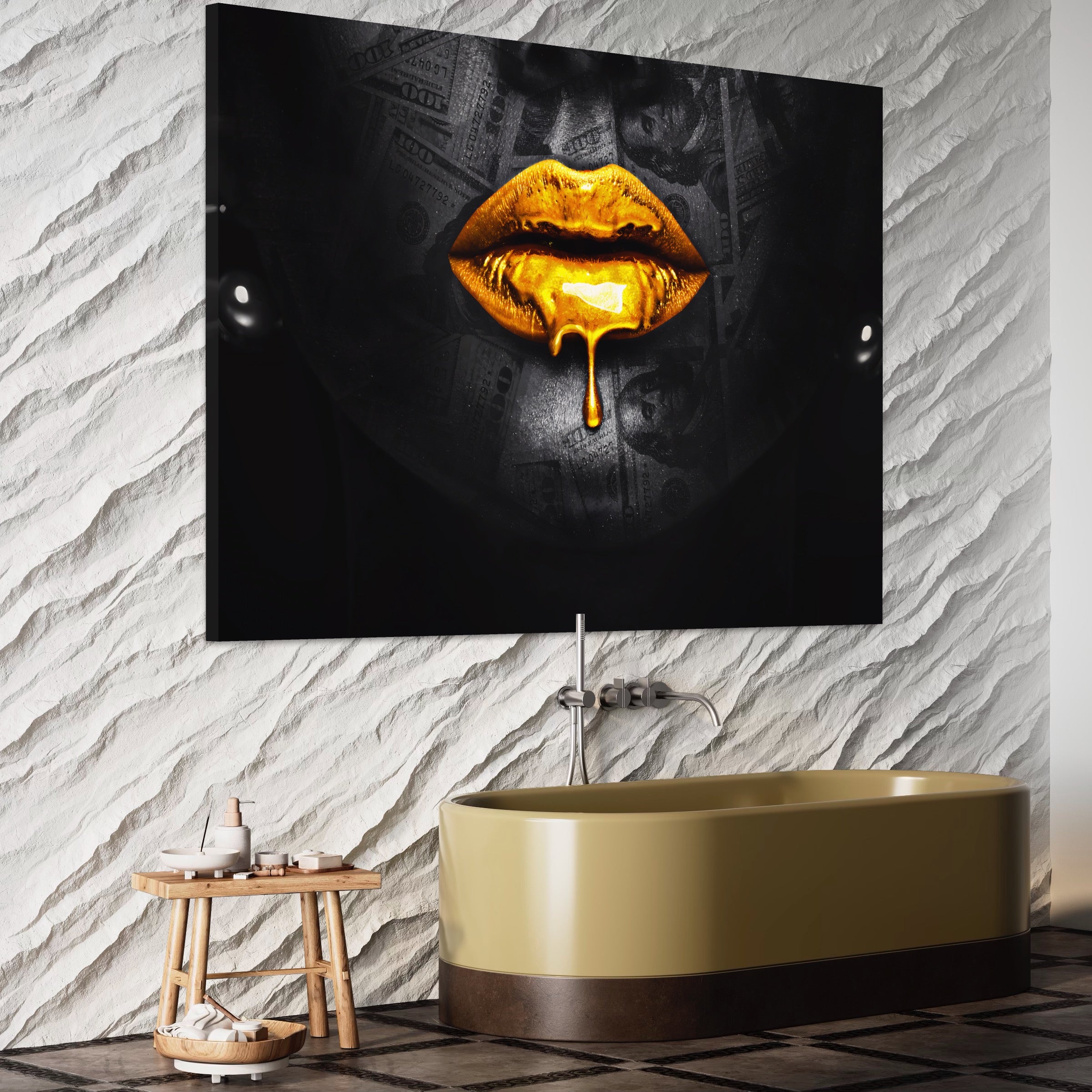 Tablou Canvas Premium LuxCanva® A1205, Gold Lips , Decorativ, Dressing, Buze, Auriu, Dolar, Living, Culori Vibrante