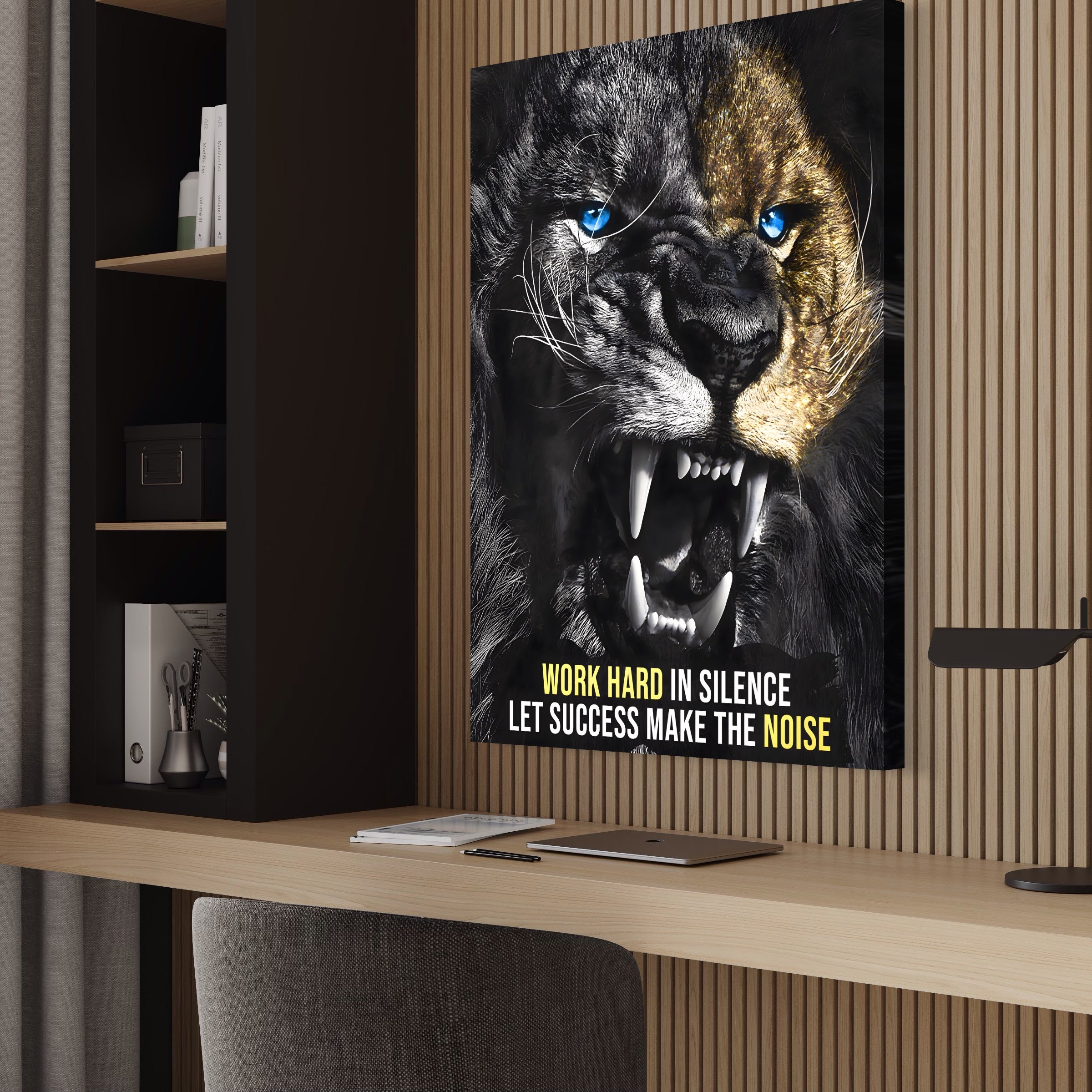 Tablou Canvas Premium LuxCanva® A1204, Let Succes Make The Noise , Decorativ, Birou, Leu, Motivational, Regele junglei, Living, Culori Vibrante