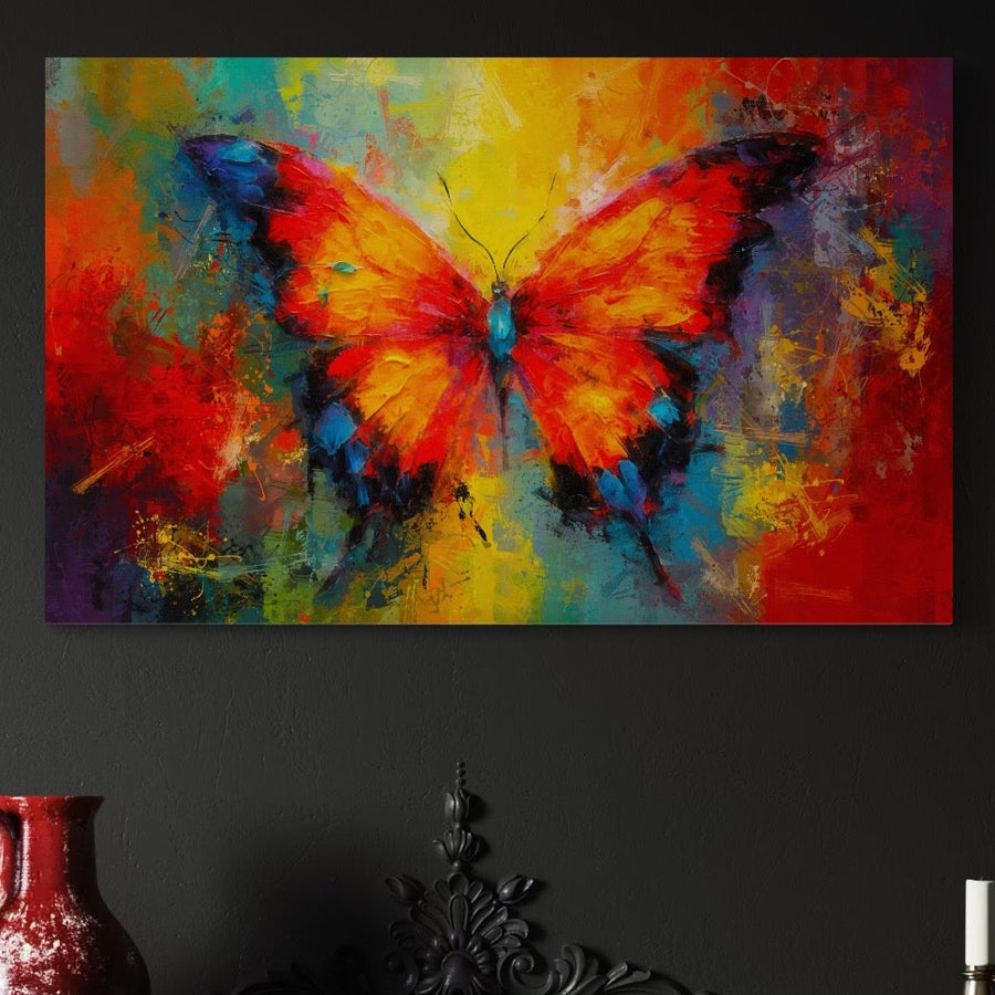 Tablou Canvas Premium LuxCanva® C1101, Fluture Viu Colorat - un decor vibrant cu fluture multicolor, ideal pentru living sau dormitor și relaxare. Tablouri de calitate tipărite pe pânză bumbac, marca LuxCanva®.