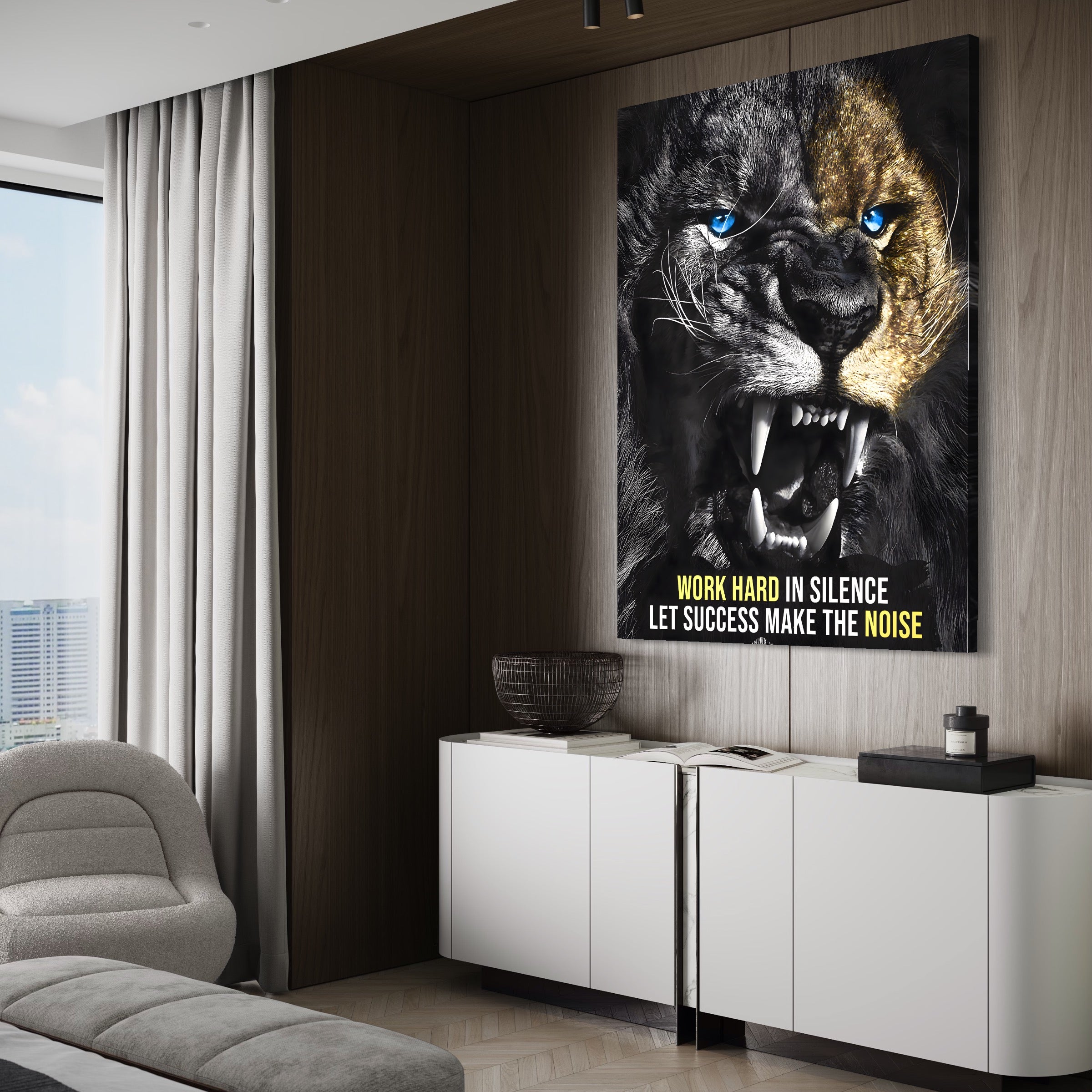 Tablou Canvas Premium LuxCanva® A1204, Let Succes Make The Noise , Decorativ, Birou, Leu, Motivational, Regele junglei, Living, Culori Vibrante