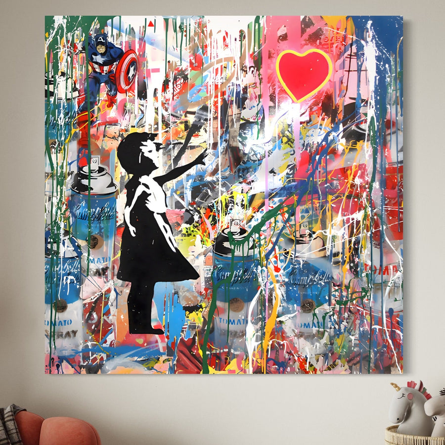 Tablou Canvas Premium LuxCanva® A1201 "Happy Child" are un design vibrant, multicolor, cu o fetiță care ajunge la o inimă roșie, perfect pentru utilizarea decorativă în dormitoare sau camere de copii. Realizat pe pânză de bumbac premium, acesta adaugă culoare vie oricărui spațiu.