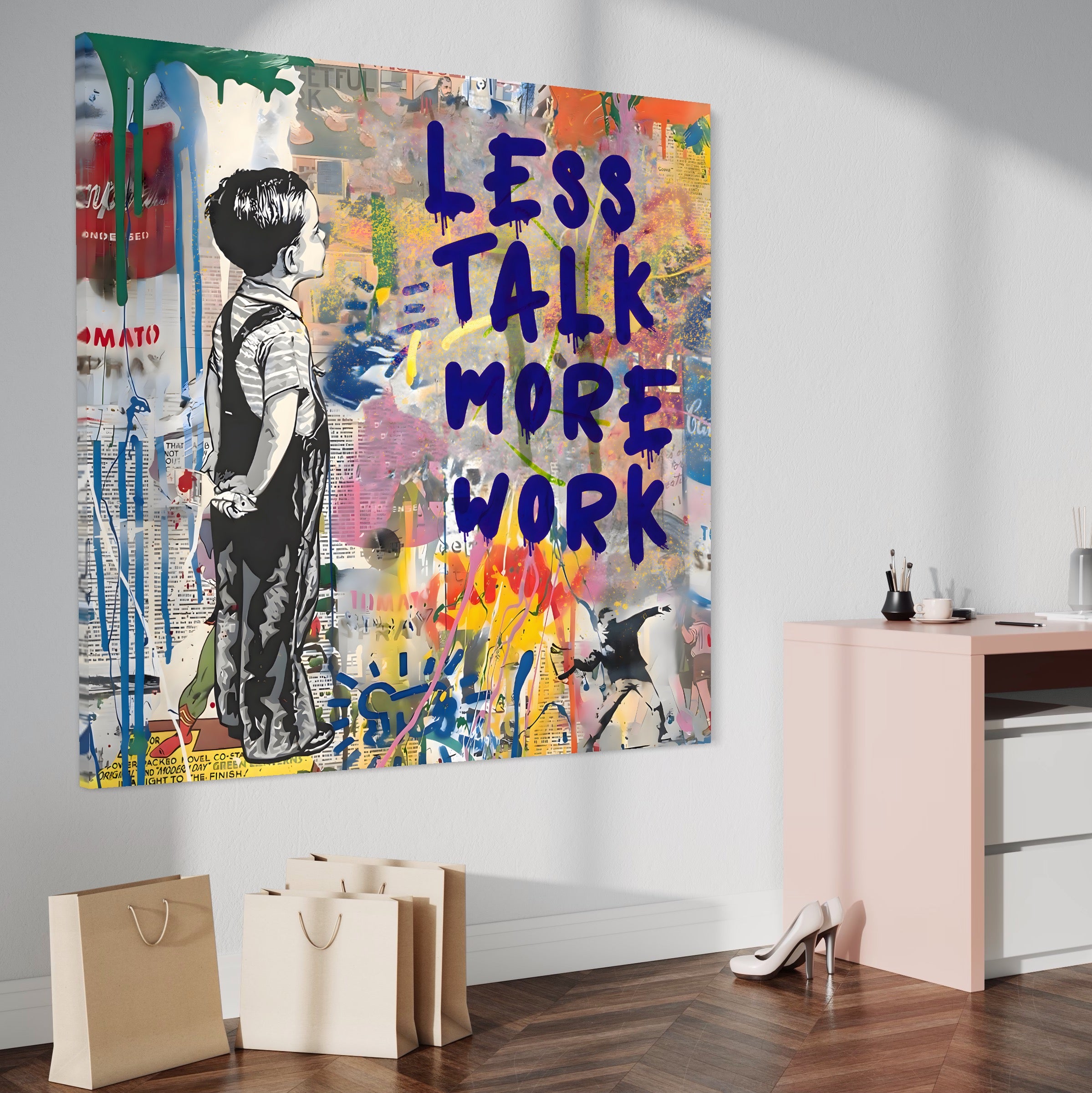 Tablou Canvas Premium LuxCanva® A1200, Less Talk More Work , Decorativ, Birou, Motivational, Copil, Colorat, Living, Culori Vibrante