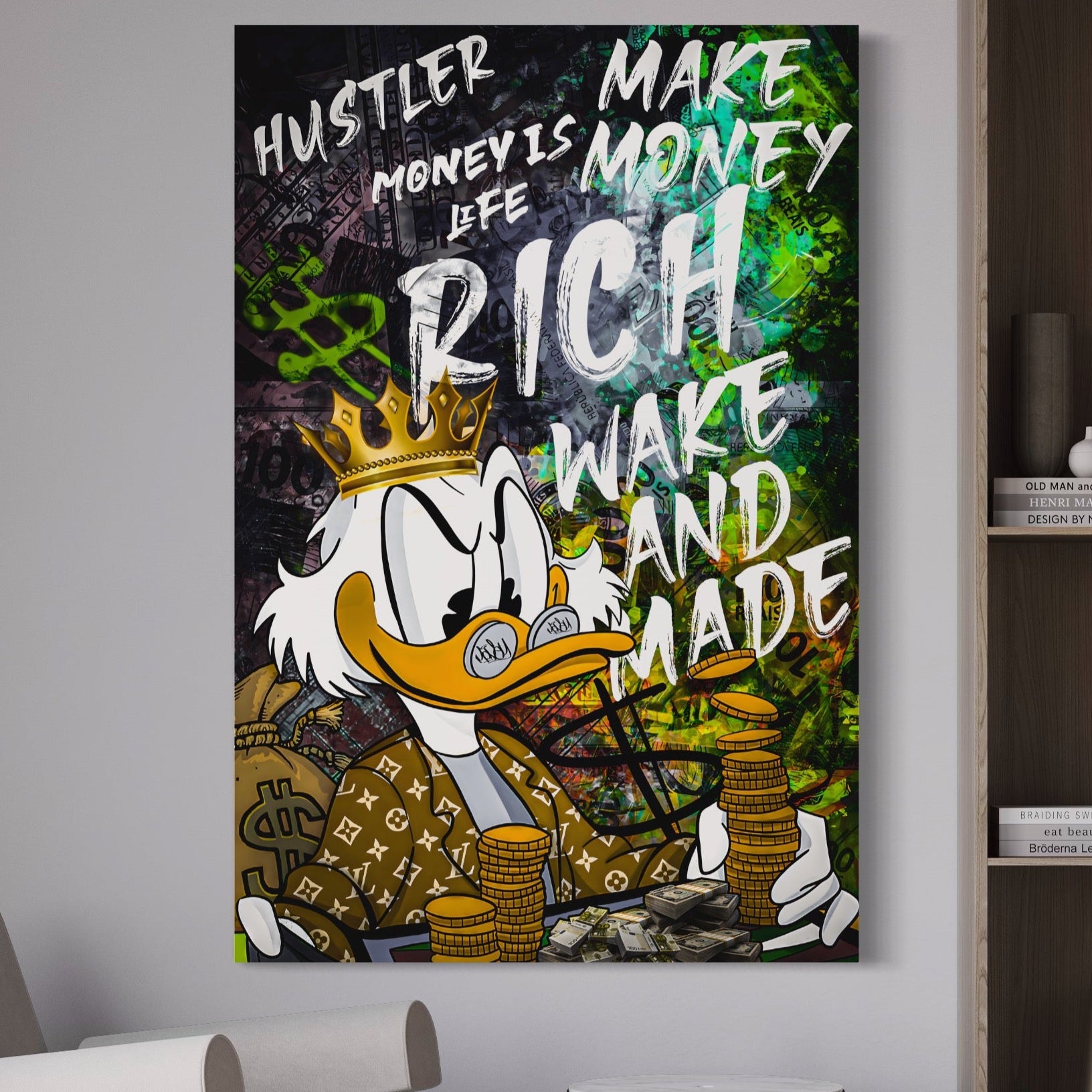 Tablou Canvas Premium LuxCanva® A1199, Money Is Life , Scrooge McDuck, Birou, Motivational, Money, Living, Culori Vibrante