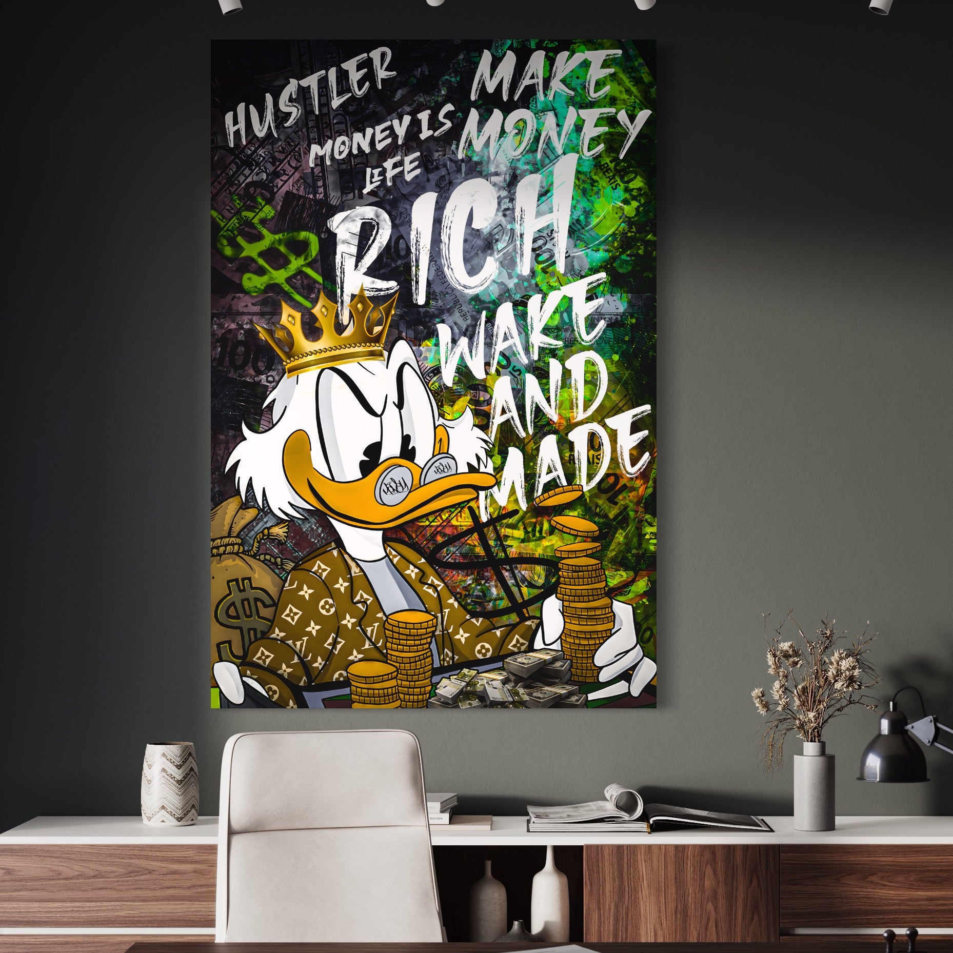 Tablou Canvas Premium LuxCanva® A1199, Money Is Life , Scrooge McDuck, Birou, Motivational, Money, Living, Culori Vibrante