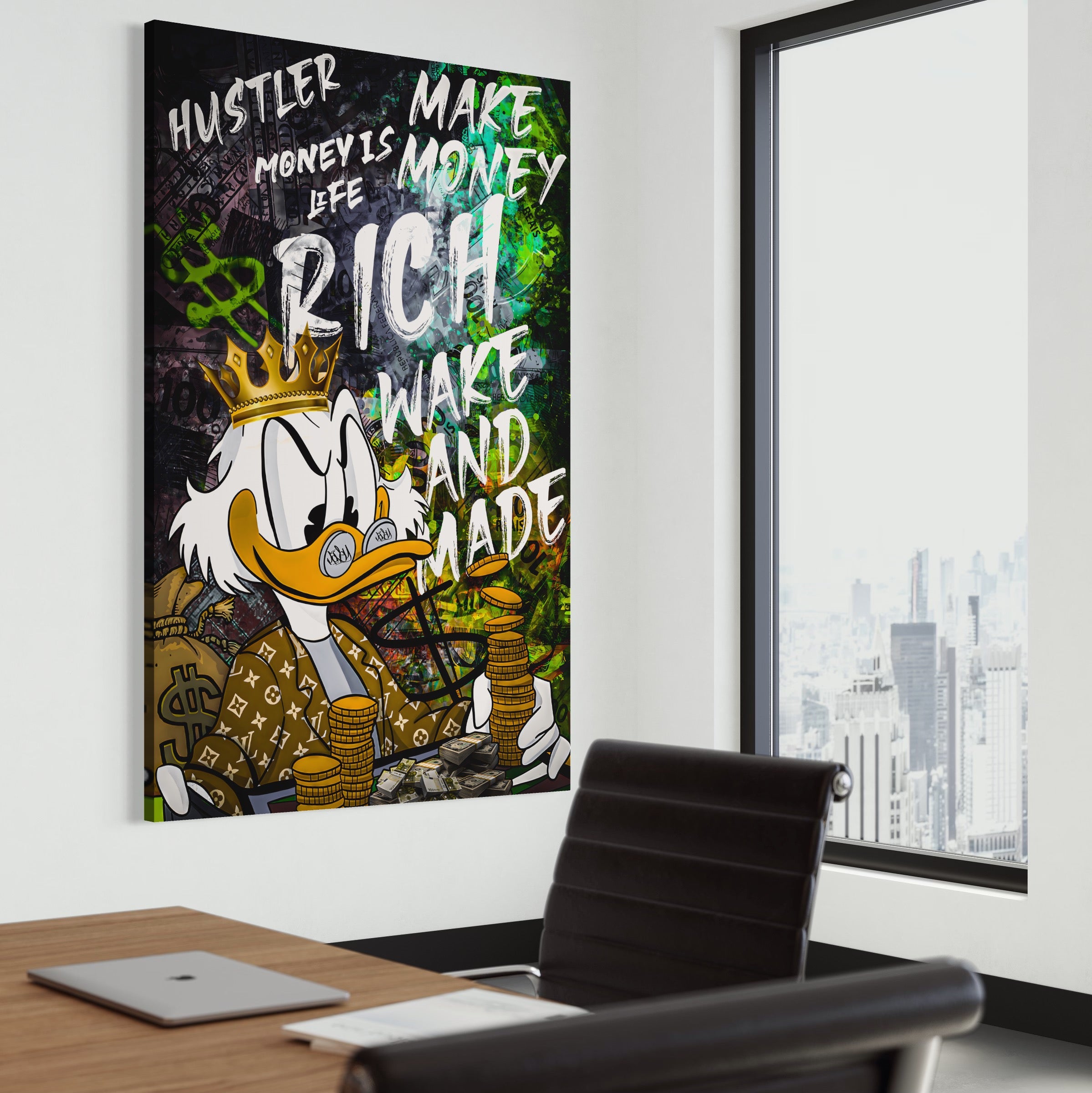 Tablou Canvas Premium LuxCanva® A1199, Money Is Life , Scrooge McDuck, Birou, Motivational, Money, Living, Culori Vibrante