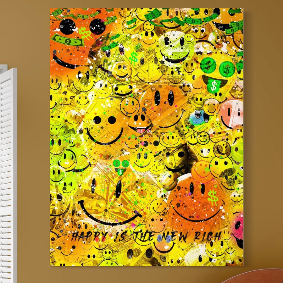 Tablou Canvas Premium A1198 "Happy Smile" de la LuxCanva® afișează fețe zâmbitoare galbene vibrante, semne de dolar și stropi îndrăzneți cu textul "HAPPY IS THE NEW RICH" - perfect pentru a înveseli orice living sau perete de dormitor.
