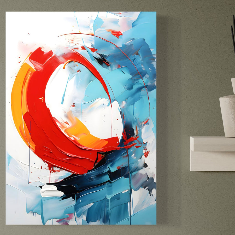Tablou Canvas LuxCanva® Premium LuxCanva® C1103 este o pictură abstractă cu culori vibrante - roșu, portocaliu, albastru, alb și gri - ideală pentru a adăuga energie sufrageriei sau dormitorului dvs. și perfectă pentru iubitorii de tablouri canvas abstracte.