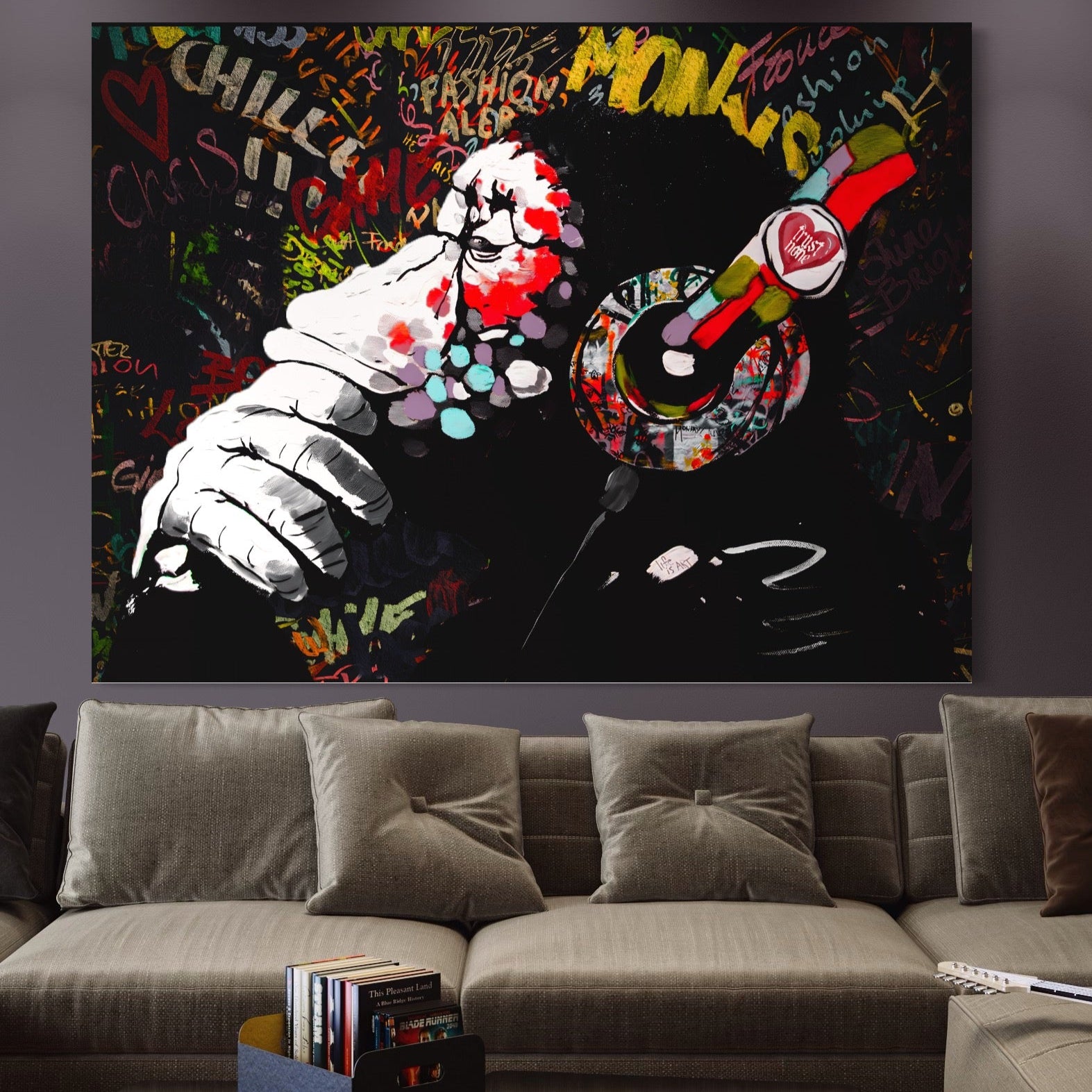 Tablou Canvas Premium LuxCanva® A1197, Chill Down , Relaxare, Maimuta, Casti, Living, Culori Vibrante