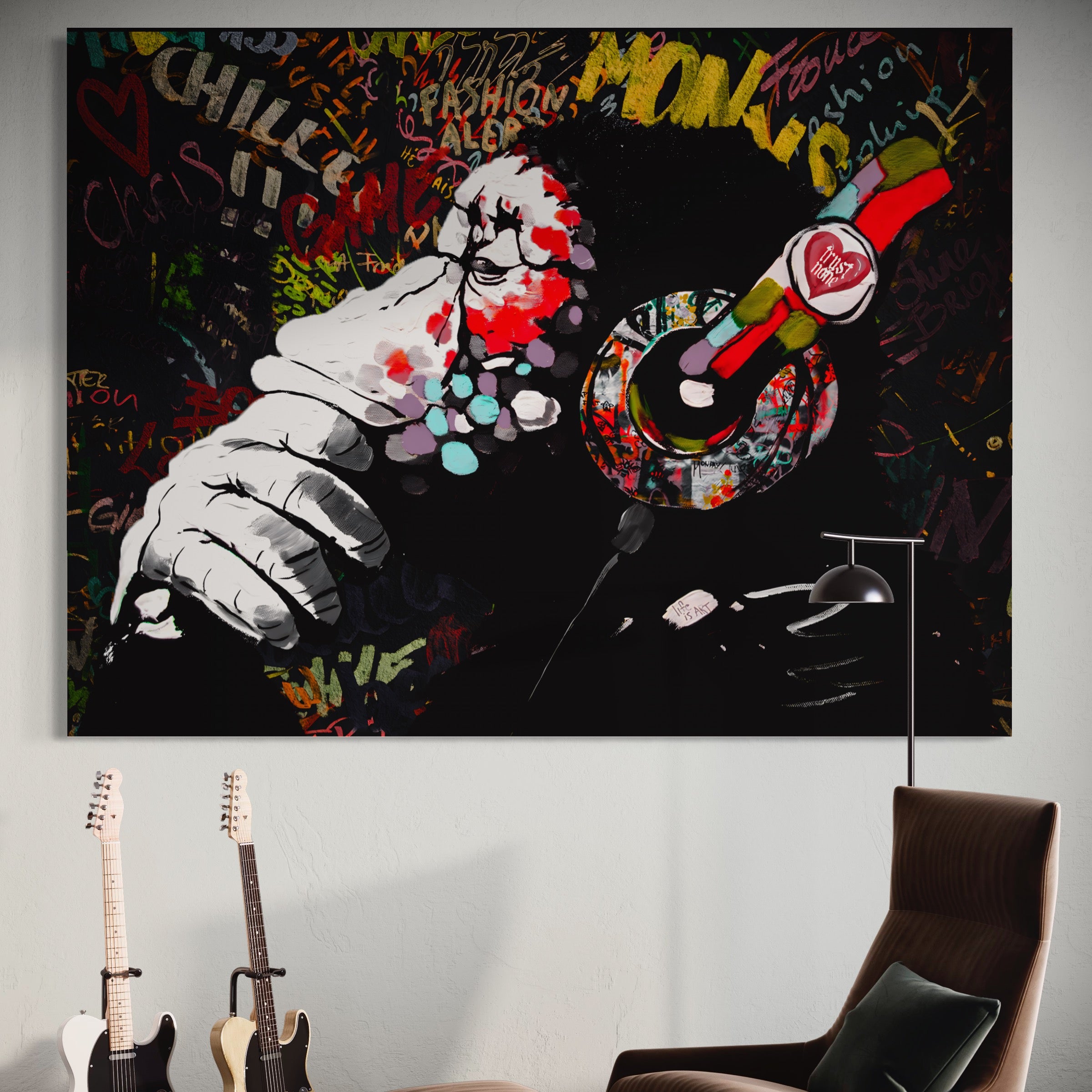 Tablou Canvas Premium LuxCanva® A1197, Chill Down , Relaxare, Maimuta, Casti, Living, Culori Vibrante