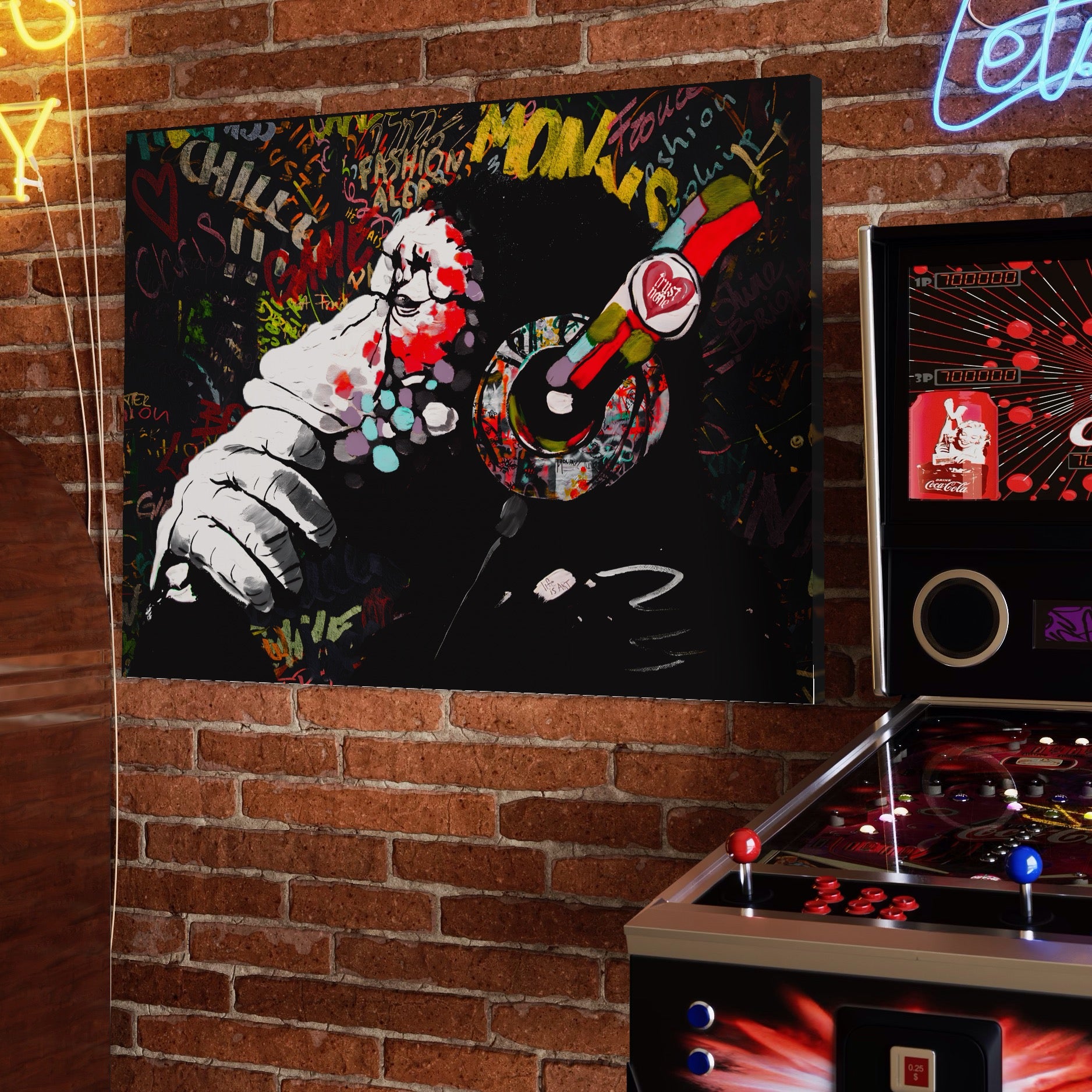 Tablou Canvas Premium LuxCanva® A1197, Chill Down , Relaxare, Maimuta, Casti, Living, Culori Vibrante