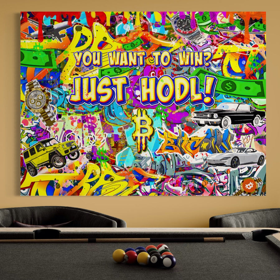 Tablou Canvas Premium LuxCanva® A1196 prezintă "You Want To Win" cu Bitcoin, bani, mașini animate și ceasuri în culori vibrante - perfect pentru spațiile de locuit. Imprimat profesional pe panza bumbac.
