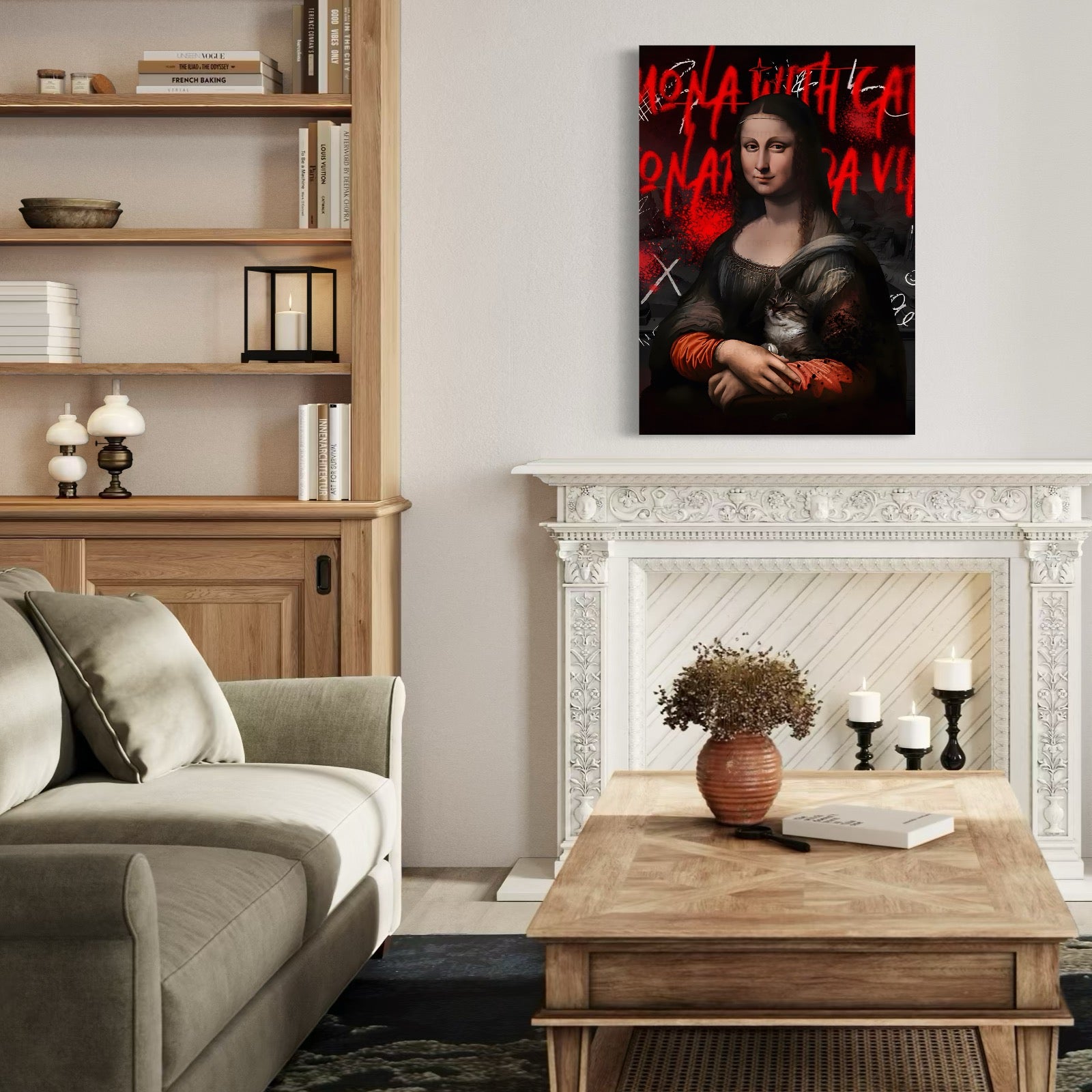 Tablou Canvas Premium LuxCanva® C1109, Lisa With Cat , Culori, Da Vinci, Mona Lisa, Living Room, Painting, Office, Relaxare, Culori Vibrante