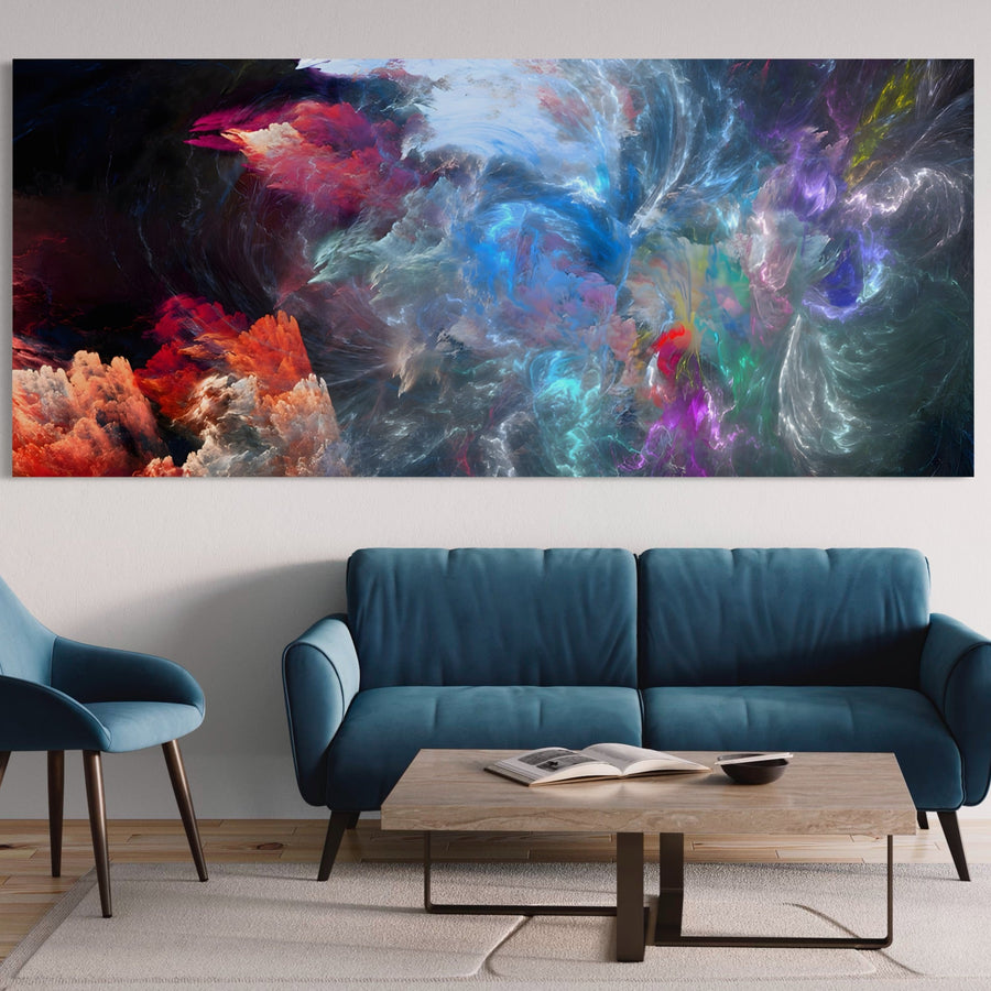 O cameră de zi modernă are o canapea albastră, un scaun asortat, o măsuță de cafea din lemn și un Tablou Canvas Premium A1185 "Colorful Cosmos" de LuxCanva® cu modele abstracte vibrante imprimate pe panza bumbac deasupra canapelei.