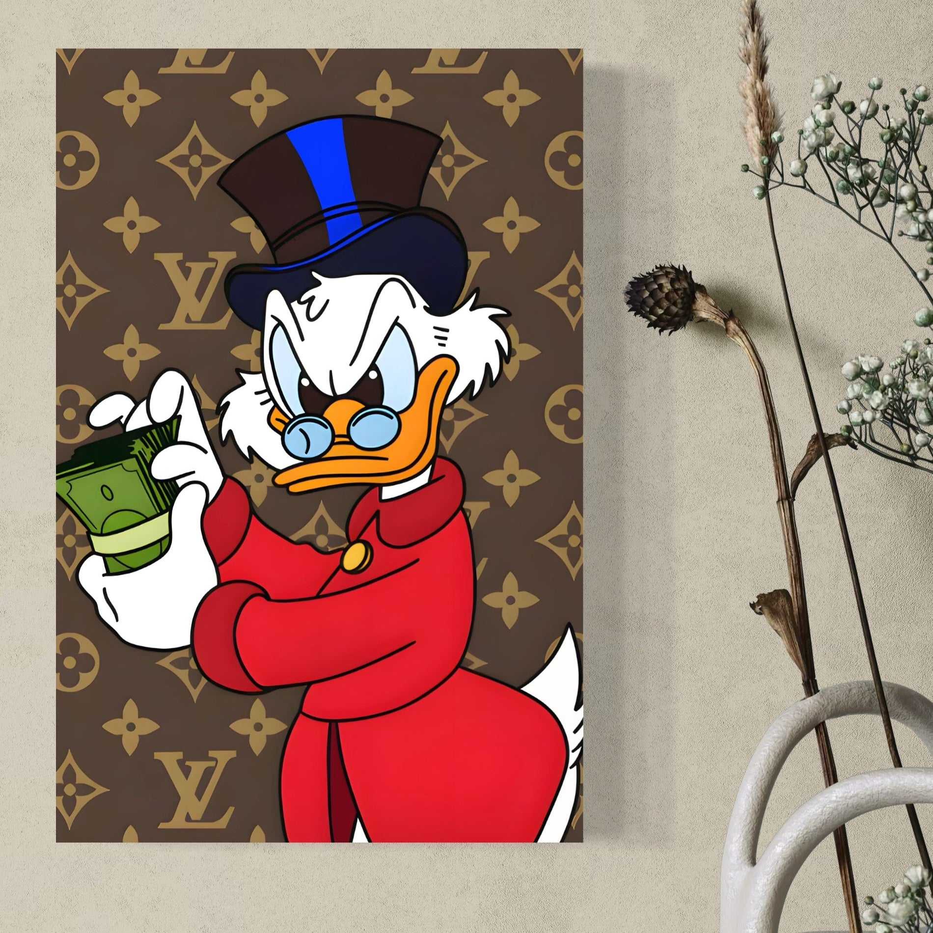 Tablou Canvas Premium, LuxCanva® C1113, Old Donald Counting Money, Culori, Donald, Cartoon, Money, Living Room, Office, Relaxare, Culori Vibrante