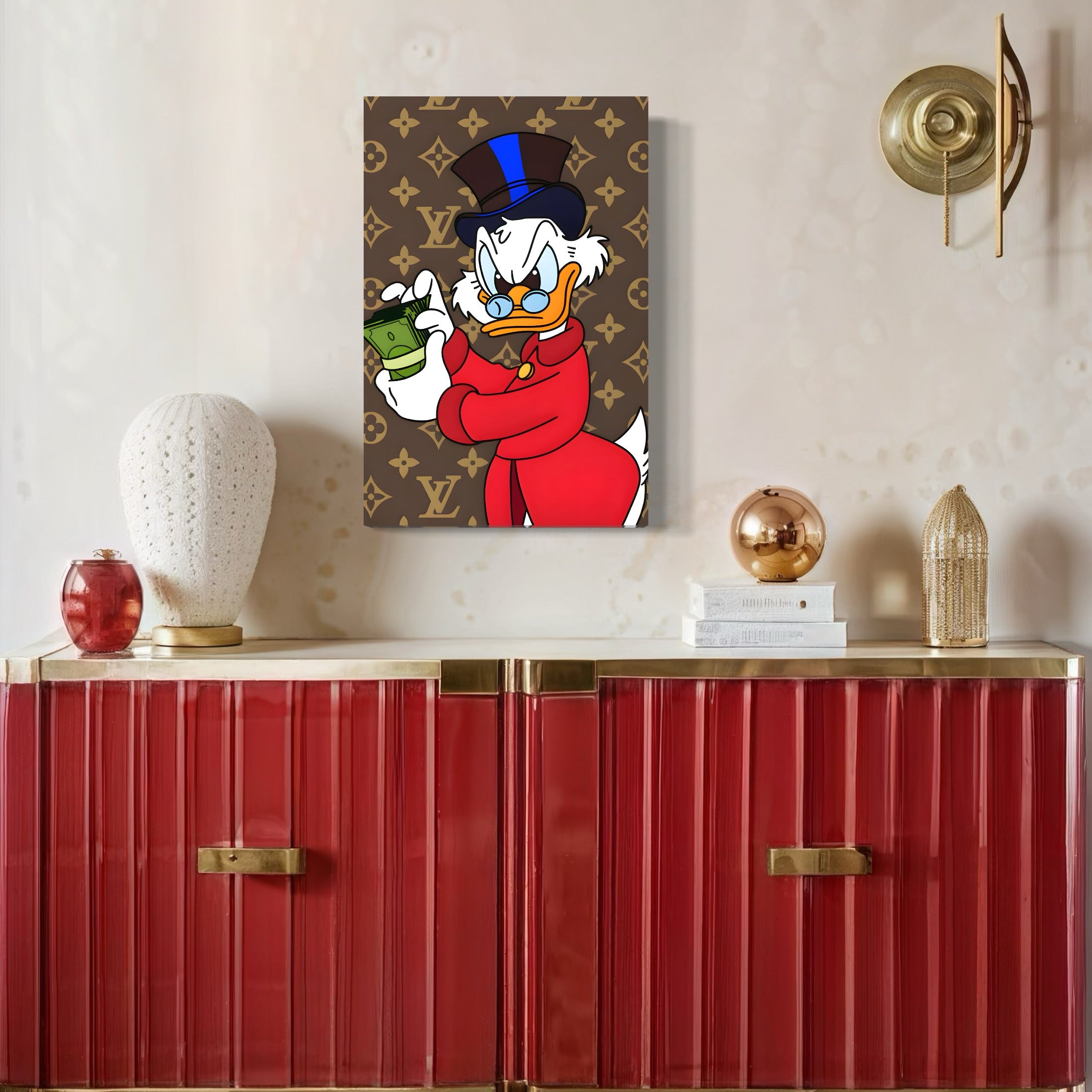 Tablou Canvas Premium, LuxCanva® C1113, Old Donald Counting Money, Culori, Donald, Cartoon, Money, Living Room, Office, Relaxare, Culori Vibrante