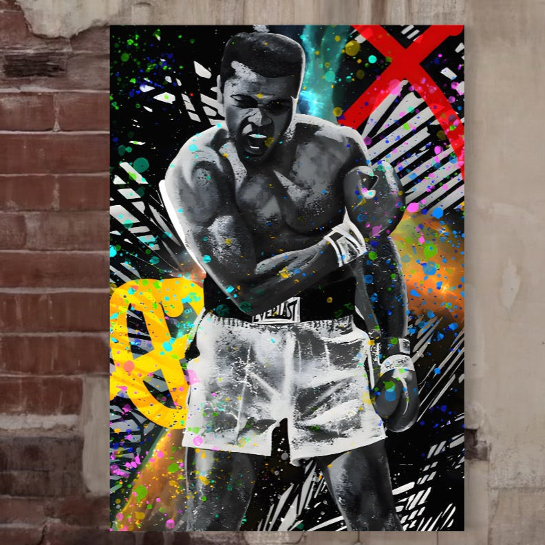 Tablou Canvas Premium LuxCanva® C1114 prezintă Marele Muhammad Ali într-un print graffiti colorat, ideal pentru sala de jocuri sau bar, pe pânză bumbac de calitate, cu design vibrant sportiv. Brand: LuxCanva®.