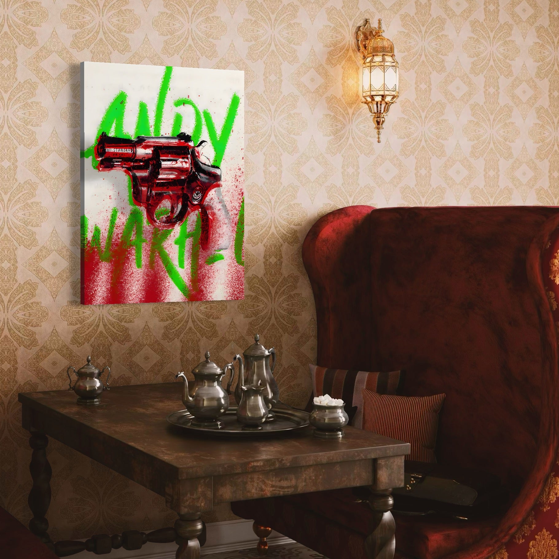 Tablou Canvas Premium LuxCanva® C1115, Bloody Gun By Andy Warhol , Culori, Pistol, Andy Warhol, Bar, Game Room, Relaxare, Culori Vibrante