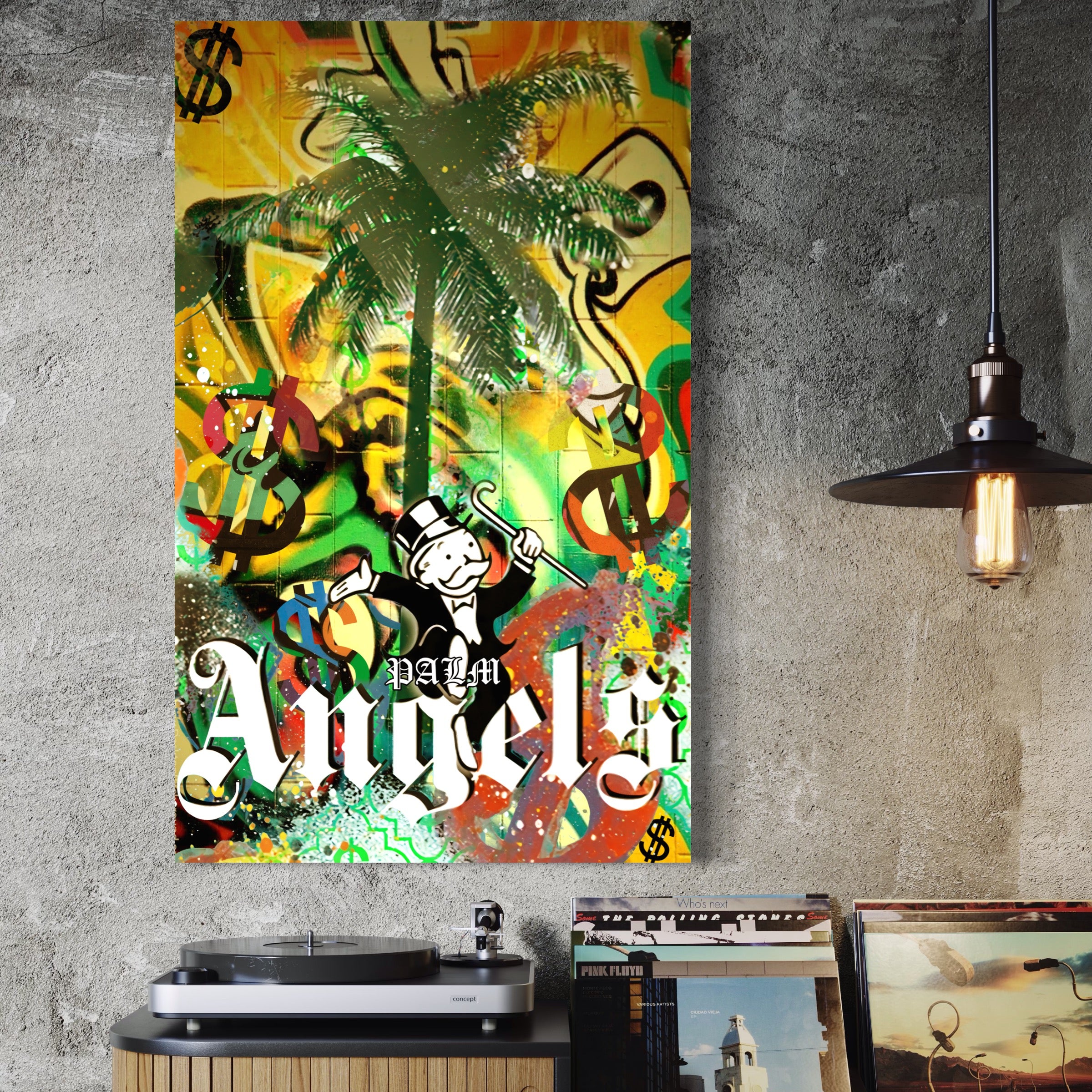 Tablou Canvas Premium LuxCanva® A1176, Monopoly Dollars , Palm Angels, Palmier, Dormitor, Dolar, Culori Vibrante