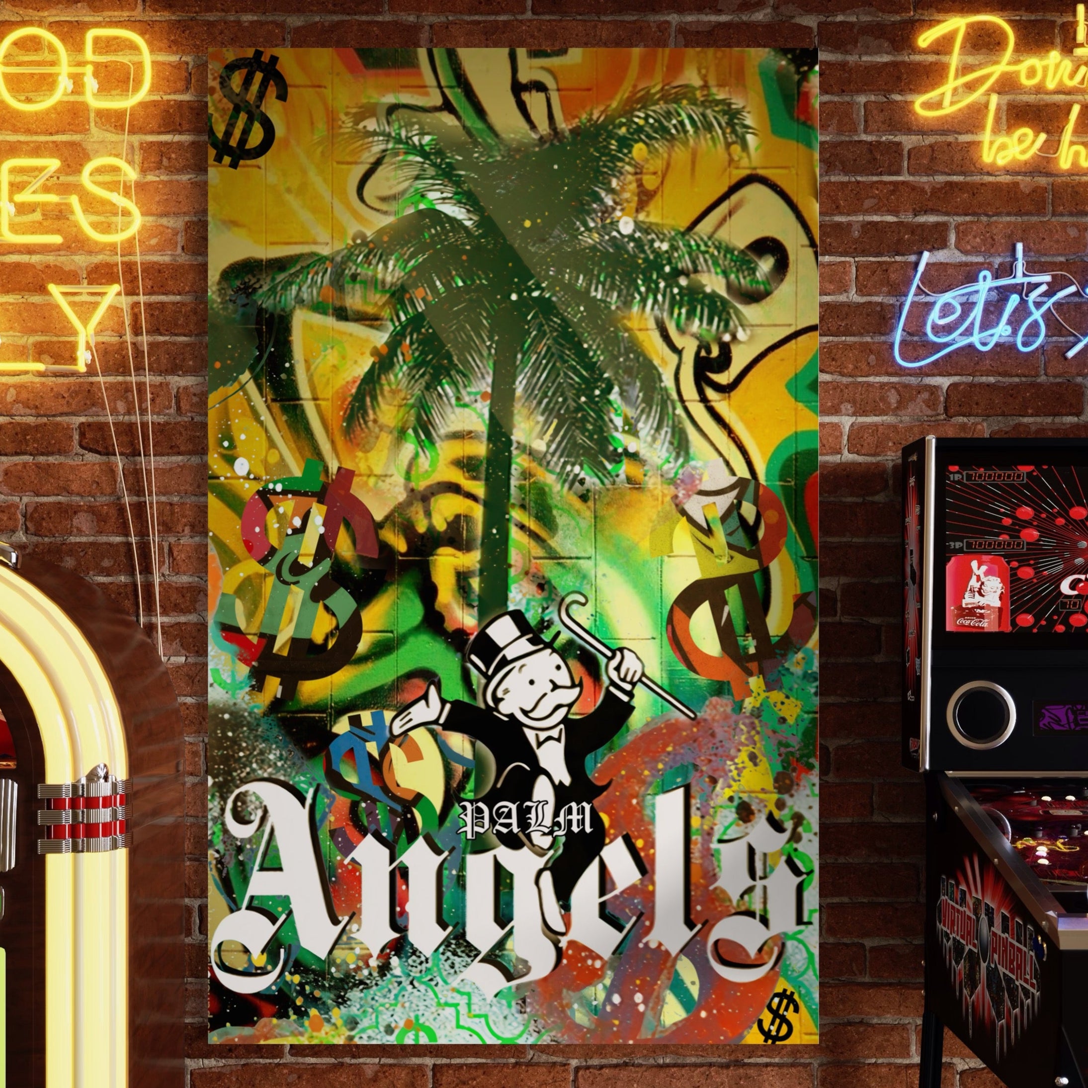 Tablou Canvas Premium LuxCanva® A1176, Monopoly Dollars , Palm Angels, Palmier, Dormitor, Dolar, Culori Vibrante