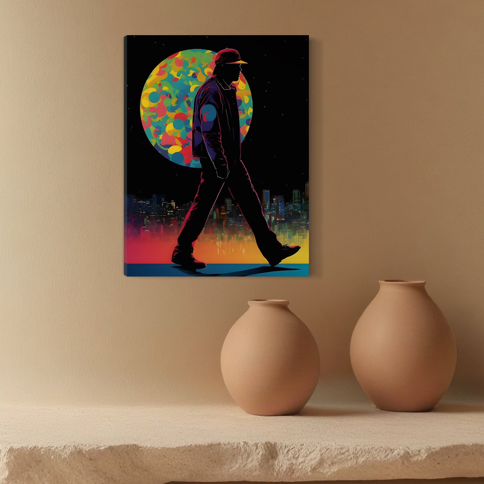 Tablou Canvas Premium LuxCanva® C1118, Walking Alone , Culori, Walk, City Life, Moon, Game Room, Bar, Relaxare, Culori Vibrante