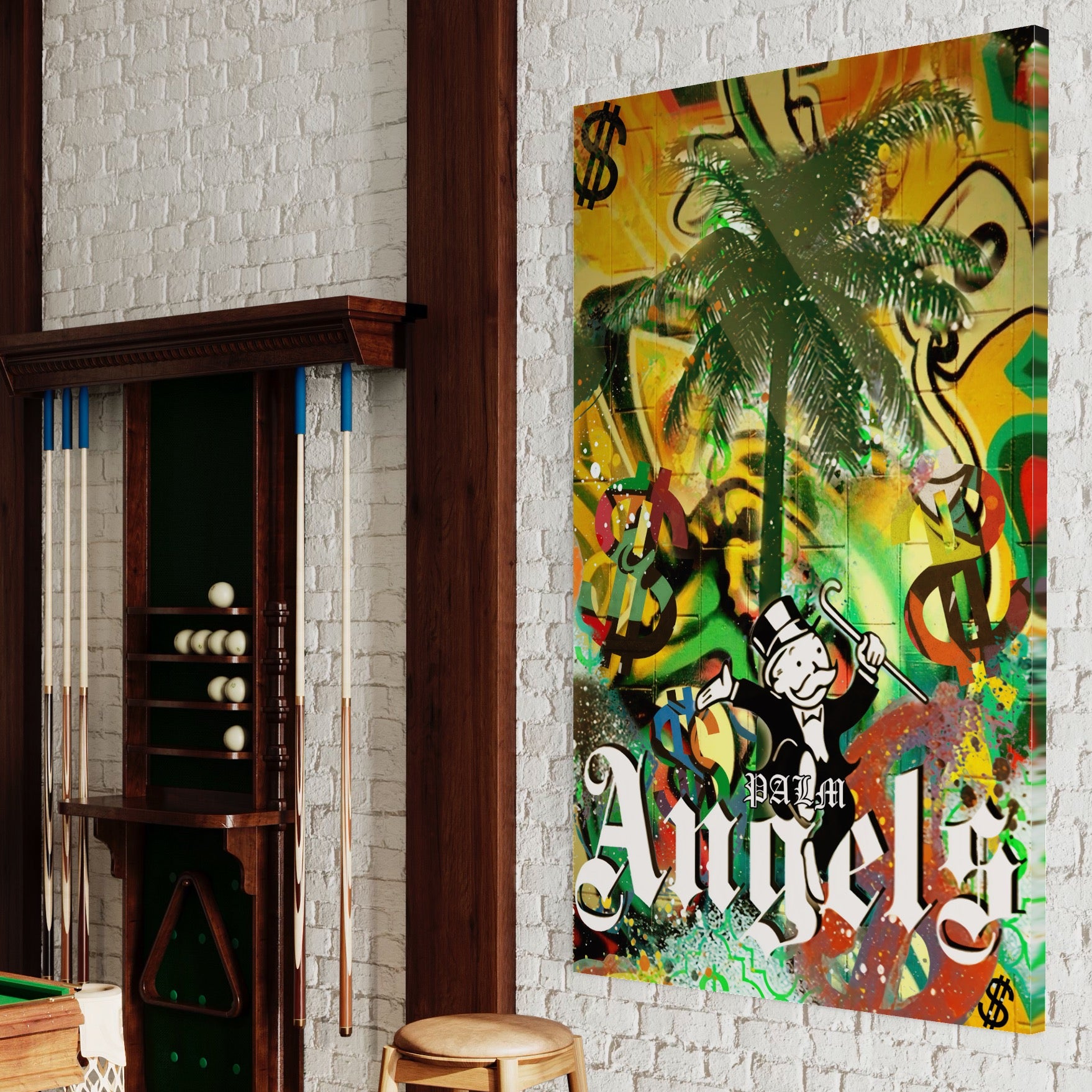 Tablou Canvas Premium LuxCanva® A1176, Monopoly Dollars , Palm Angels, Palmier, Dormitor, Dolar, Culori Vibrante