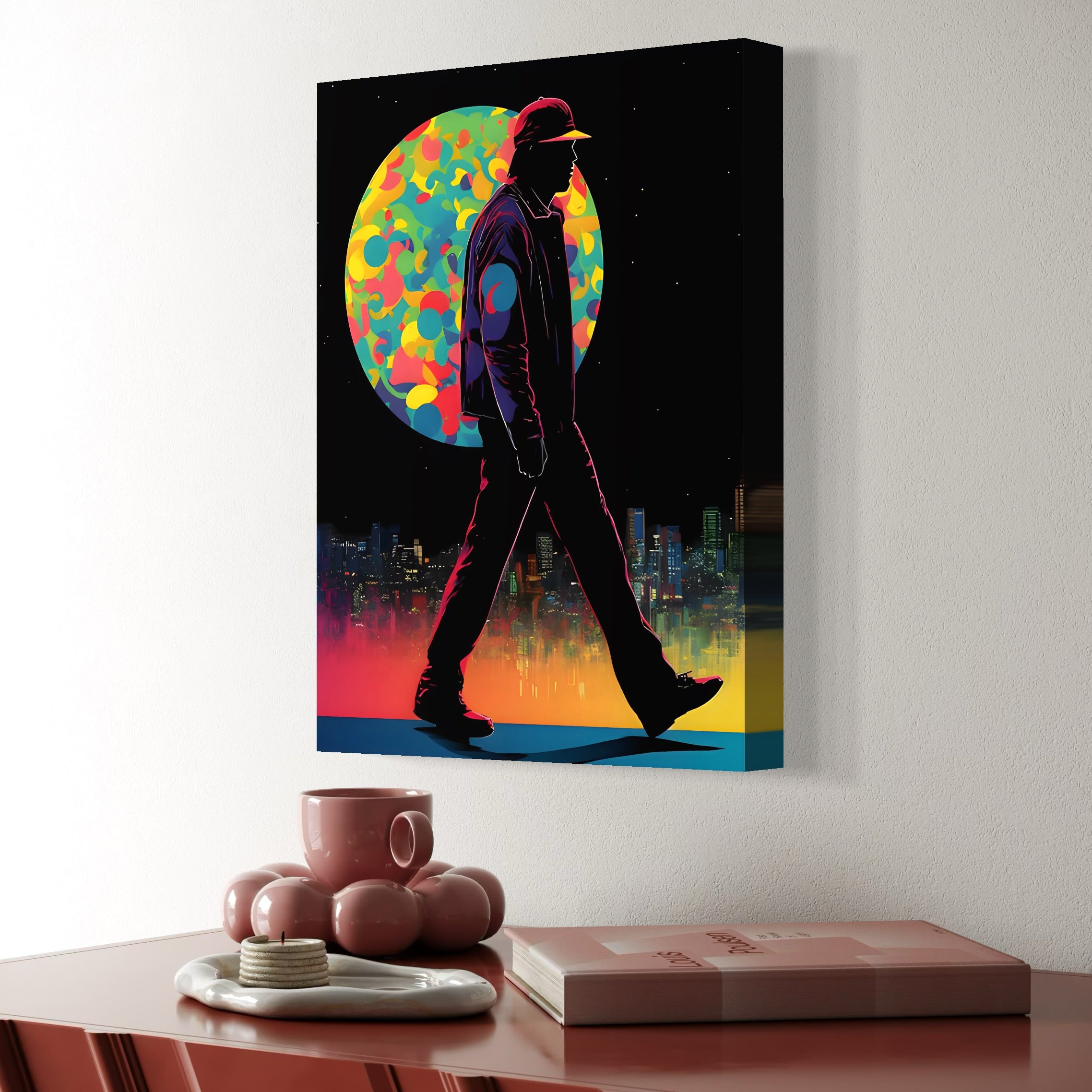 Tablou Canvas Premium LuxCanva® C1118, Walking Alone , Culori, Walk, City Life, Moon, Game Room, Bar, Relaxare, Culori Vibrante
