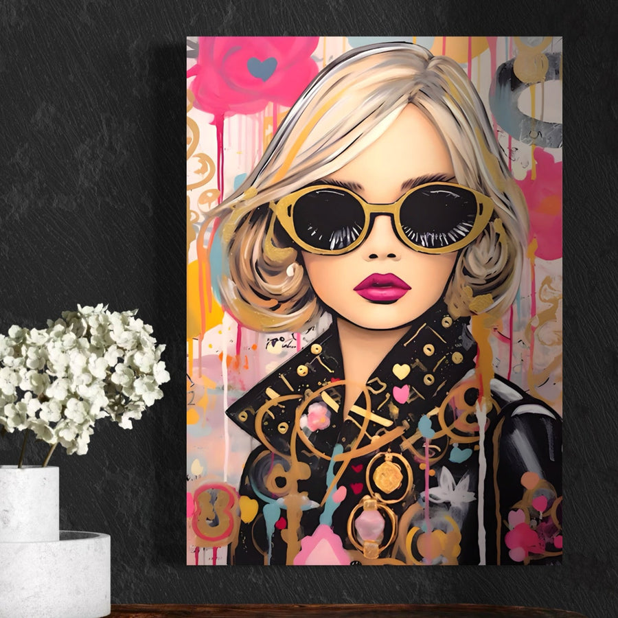 Tablou Canvas Premium LuxCanva® C1123: Fashion Girl Portrait cu o femeie stilată, ochelari galbeni inimă, buze roz aprins și jachetă neagră decorată; print premium pe pânză cu culori vibrante, ideal pentru living sau dormitor.