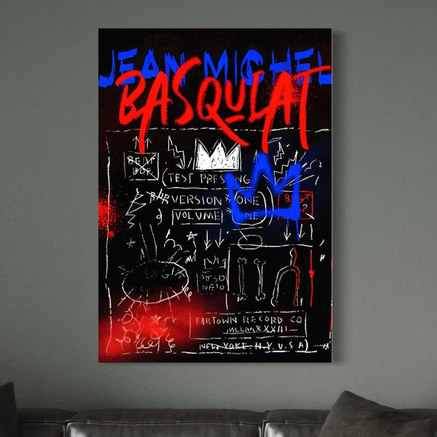 Pânza LuxCanva® Tablou Premium LuxCanva® C1124, inspirată de Jean-Michel Basquiat, prezintă culori pop art vibrante, text îndrăzneț, coroane și forme abstracte - perfectă pentru a adăuga o notă colorată camerei dvs. de zi sau barului.
