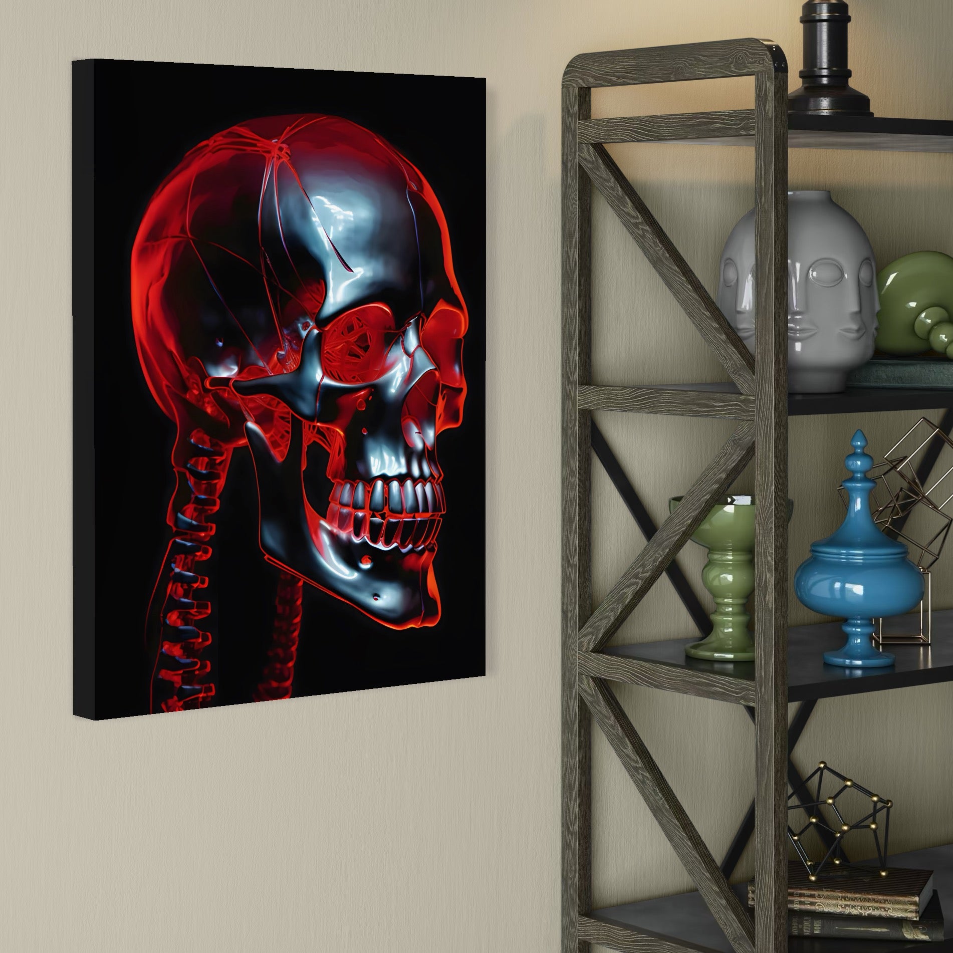 Tablou Canvas Premium LuxCanva® C1126, Skull Broken , Culori, Gaming, Black And Red, Living Room, Bar, Relaxare, Culori Vibrante