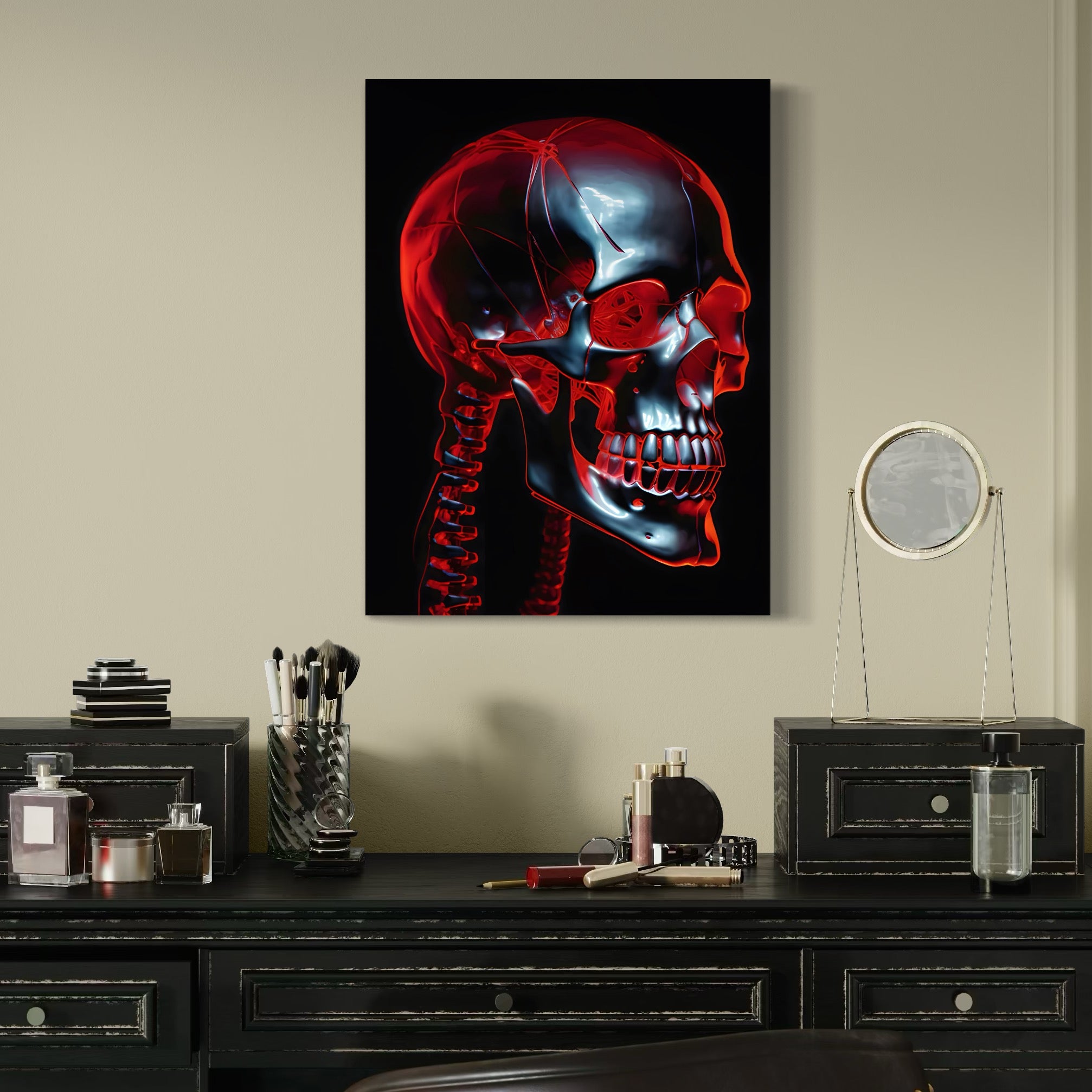 Tablou Canvas Premium LuxCanva® C1126, Skull Broken , Culori, Gaming, Black And Red, Living Room, Bar, Relaxare, Culori Vibrante