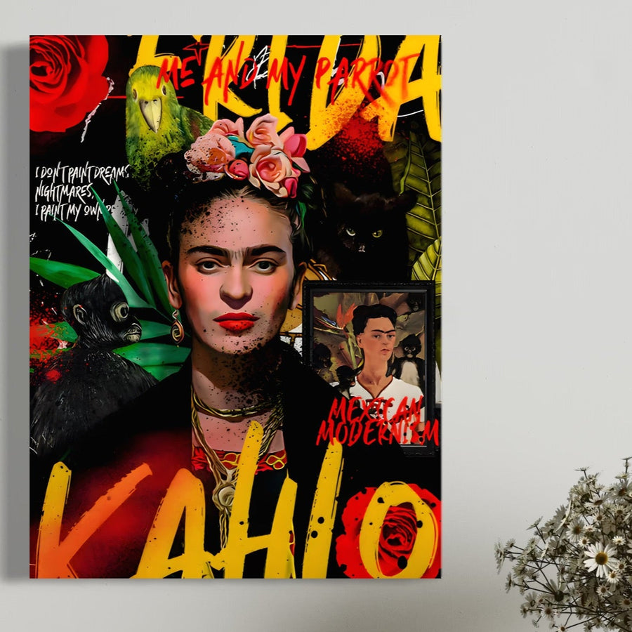 Tabloul LuxCanva® Premium Canvas Tablou C1130 prezintă un portret Frida Kahlo vibrant în stil pop art, cu culori îndrăznețe, papagali, o pisică neagră, text graffiti și detalii florale - perfect pentru a adăuga o notă artistică oricărei sufragerii sau camere de zi.