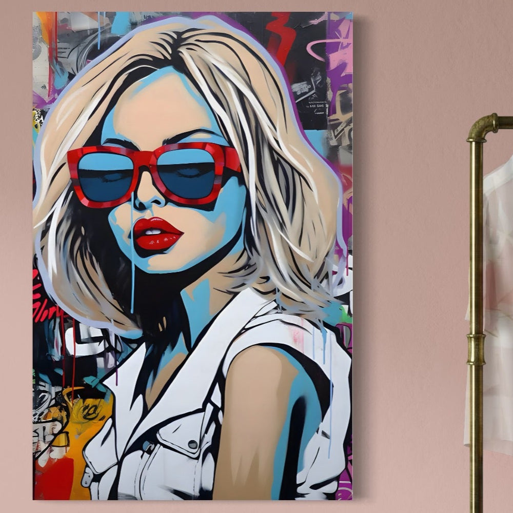 Tablou Canvas Premium LuxCanva® C1131, Girl With Sunglasses , Culori, Pop Art Painting, Fashion, Living Room, Bar, Relaxare, Culori Vibrante