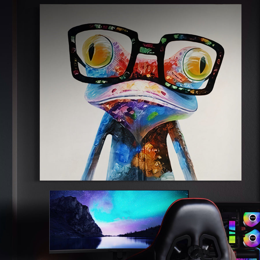 Un Tablou Canvas LuxCanva® Premium LuxCanva® A1168 Crazy Frog cu culori vibrante și o broască în ochelari decorează peretele de deasupra unei configurații moderne cu un monitor curbat și un scaun de gaming.