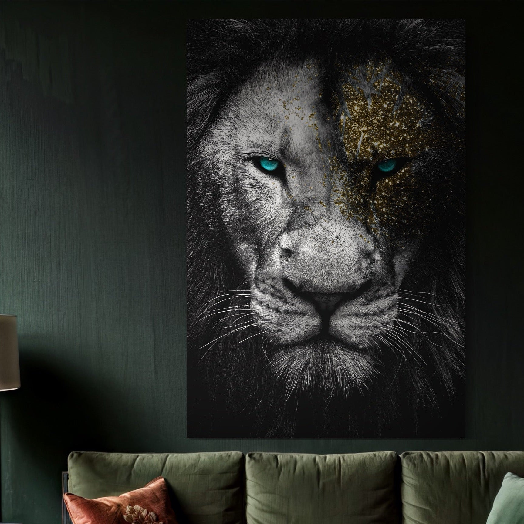 Tablou Canvas Premium LuxCanva® A1167, Leu Cu Ochi Albastri , Decorativ, Living, Animal, Regele Junglei, Culori Vibrante