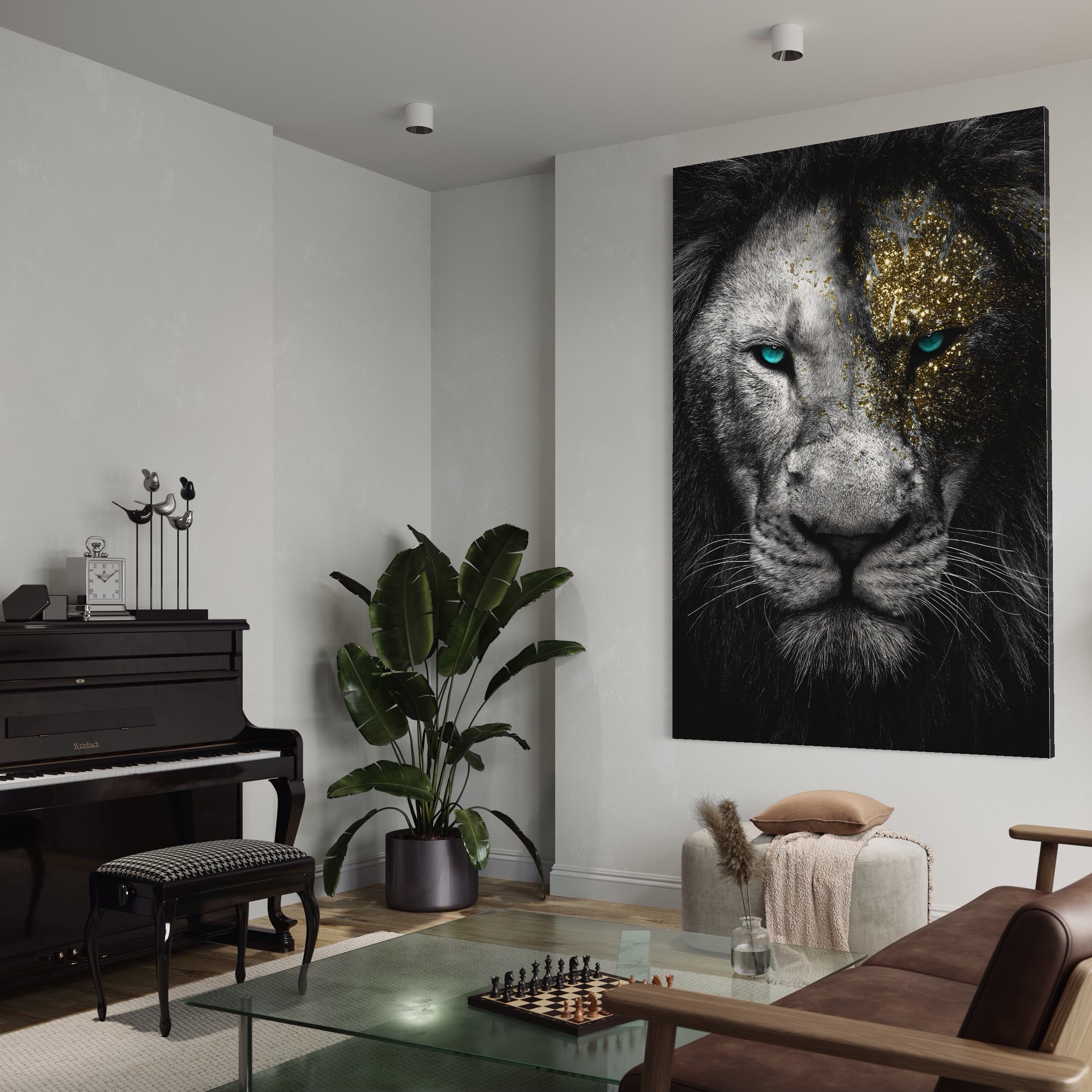 Tablou Canvas Premium LuxCanva® A1167, Leu Cu Ochi Albastri , Decorativ, Living, Animal, Regele Junglei, Culori Vibrante