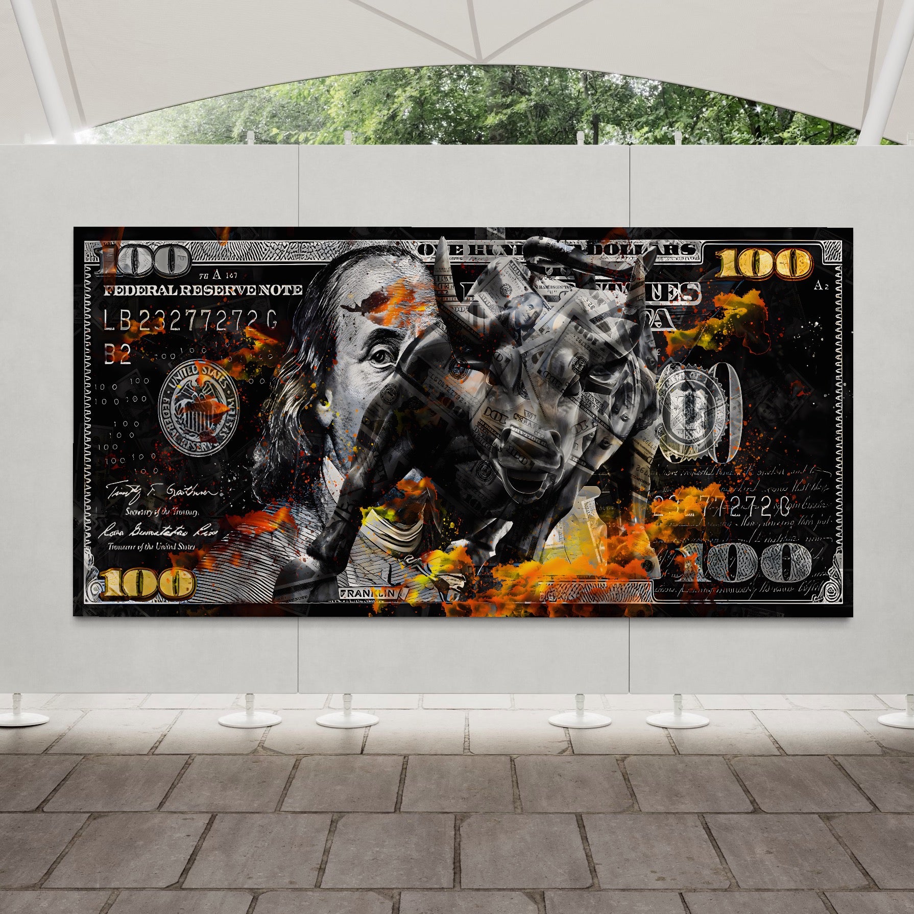 Tablou Canvas Premium LuxCanva® A1166, Dollar Bull , Decorativ, Benjamin Franklin, Cash, USD, Culori Vibrante